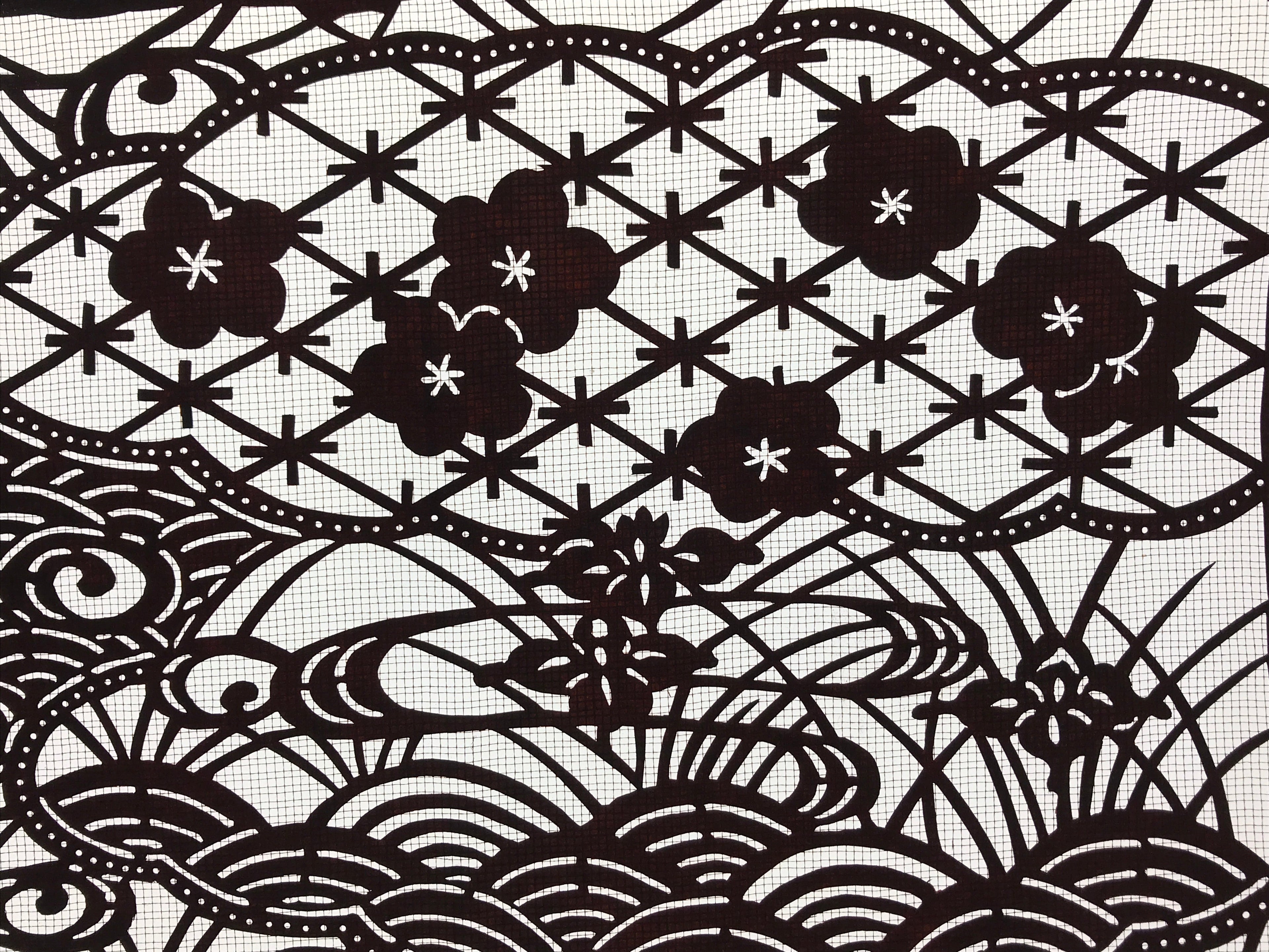 Antique Japanese Katagami Paper Kimono Stencil Water Iris Plum Blossom A623
