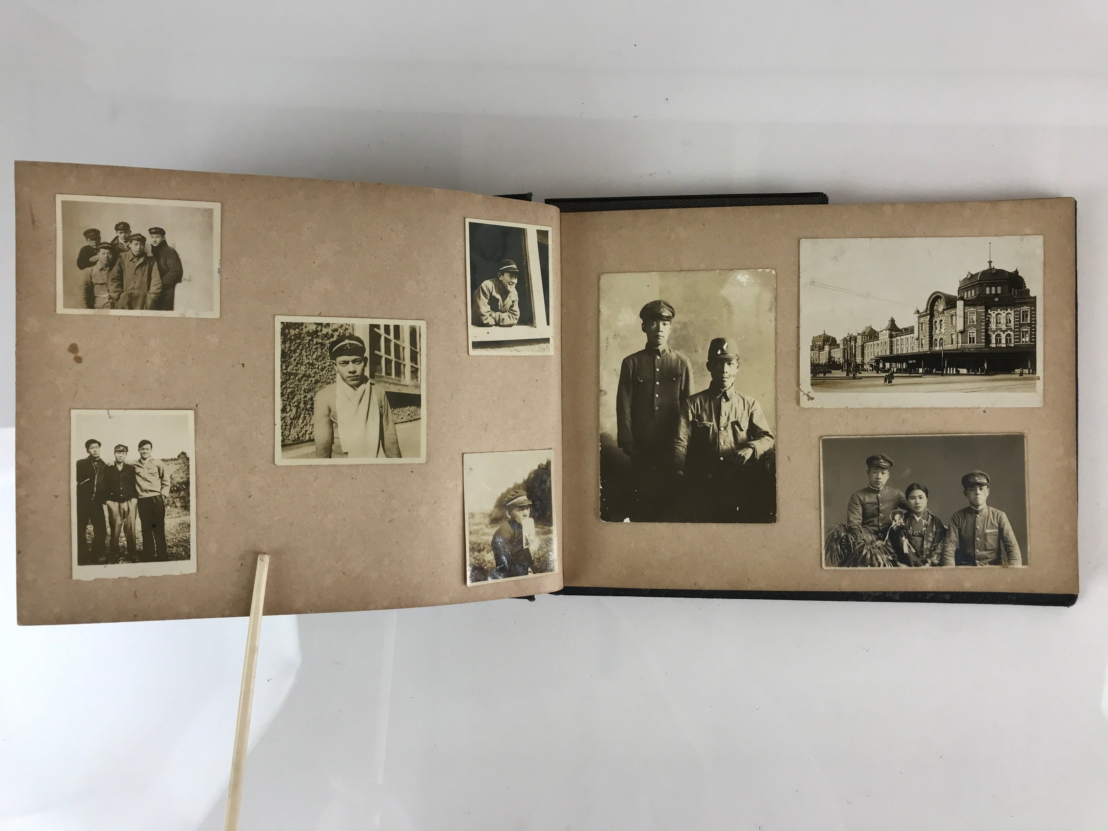 Antique Japanese Photo Album Vtg 97 pc C1930 Family Soldier Kimono Wedding AB117