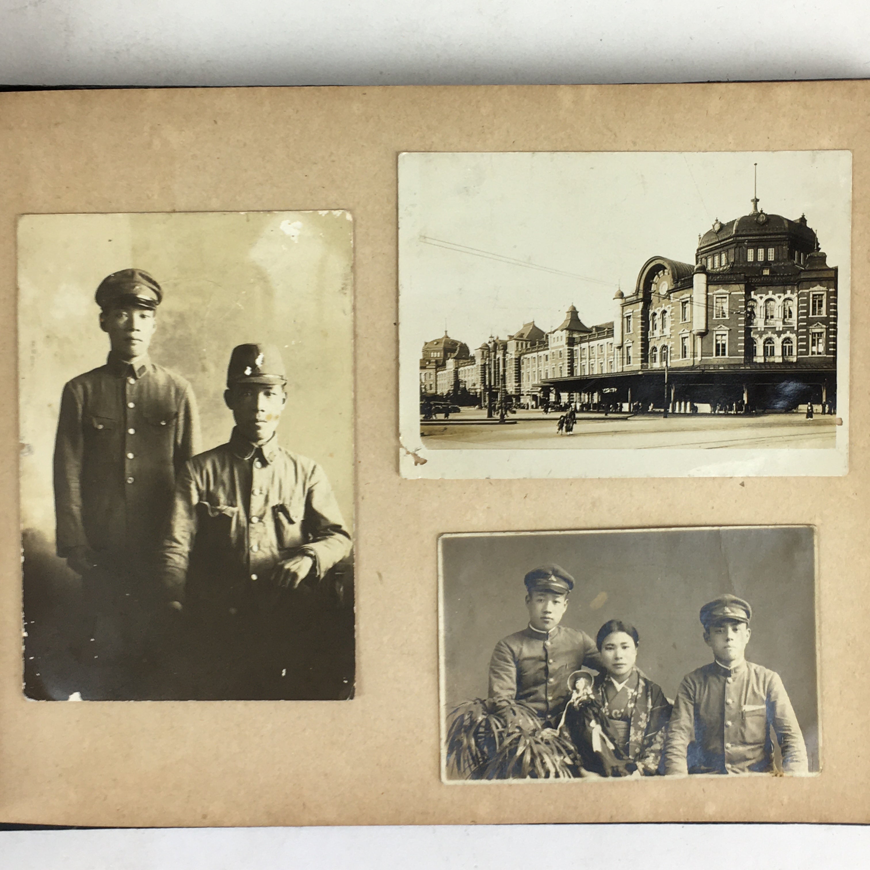 Antique Japanese Photo Album Vtg 97 pc C1930 Family Soldier Kimono Wedding AB117