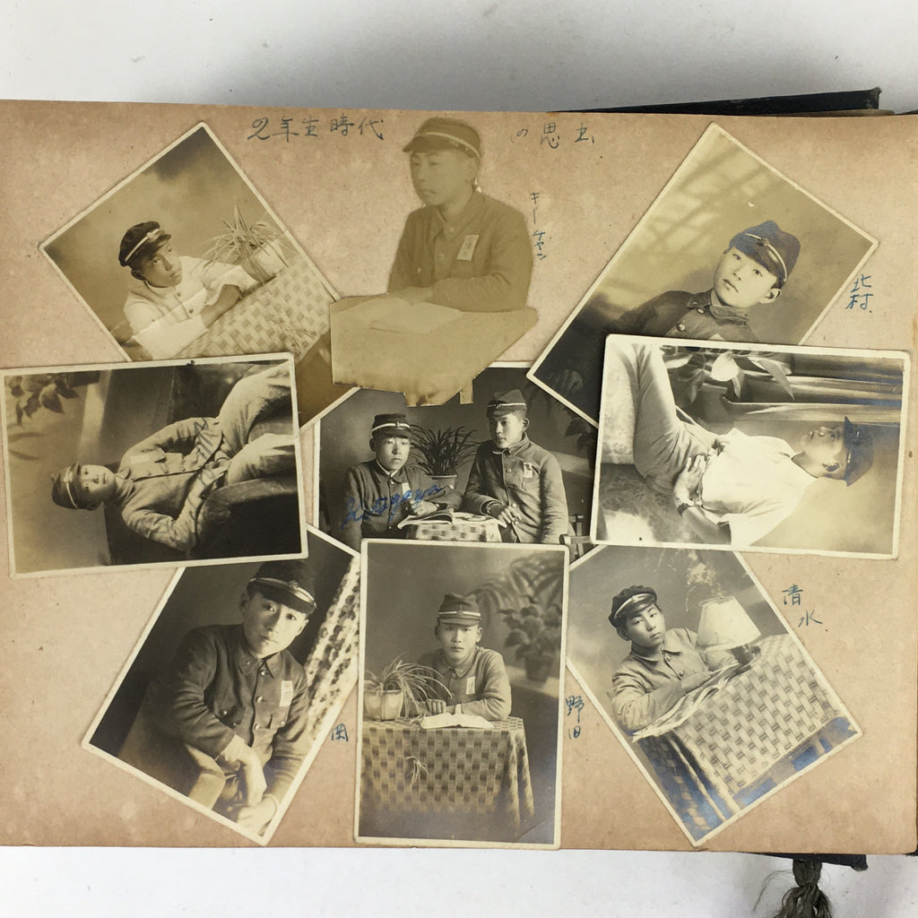 Antique Japanese Photo Album Vtg 97 pc C1930 Family Soldier Kimono Wedding AB117