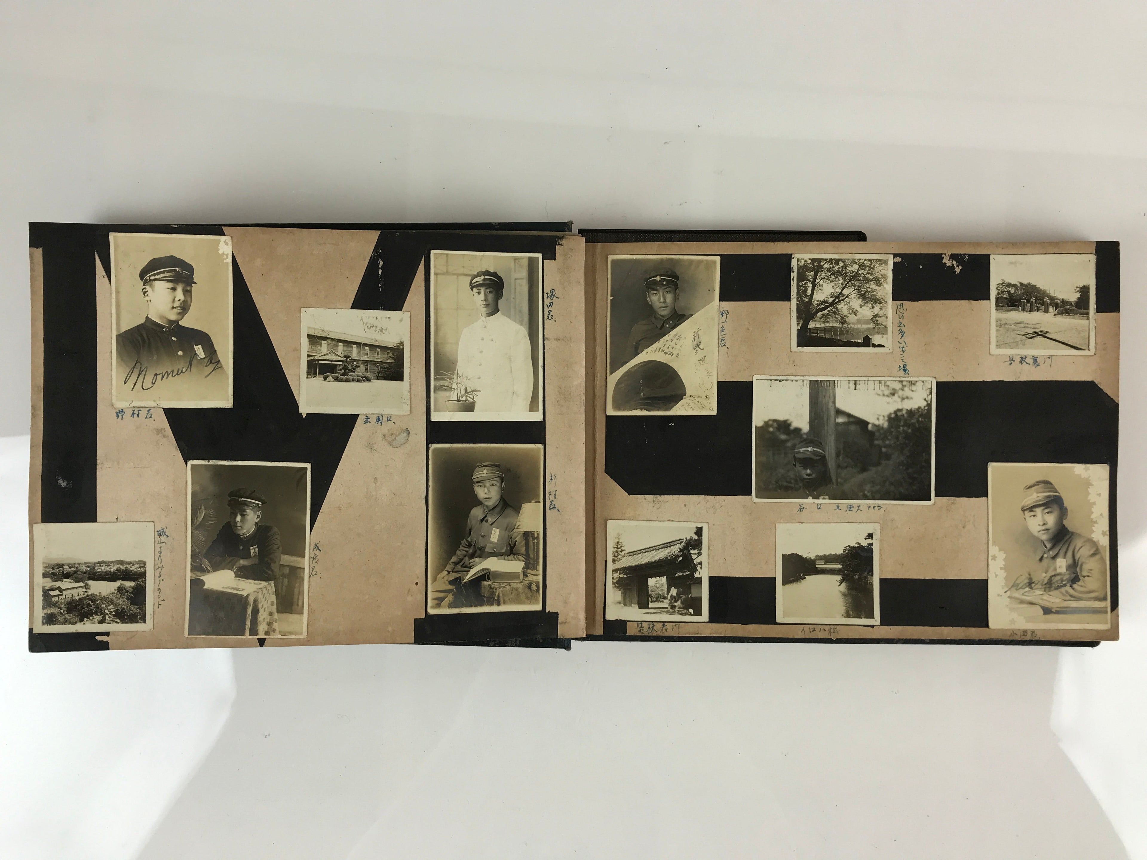 Antique Japanese Photo Album Vtg 97 pc C1930 Family Soldier Kimono Wedding AB117