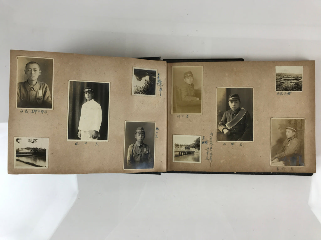 Antique Japanese Photo Album Vtg 97 pc C1930 Family Soldier Kimono Wedding AB117