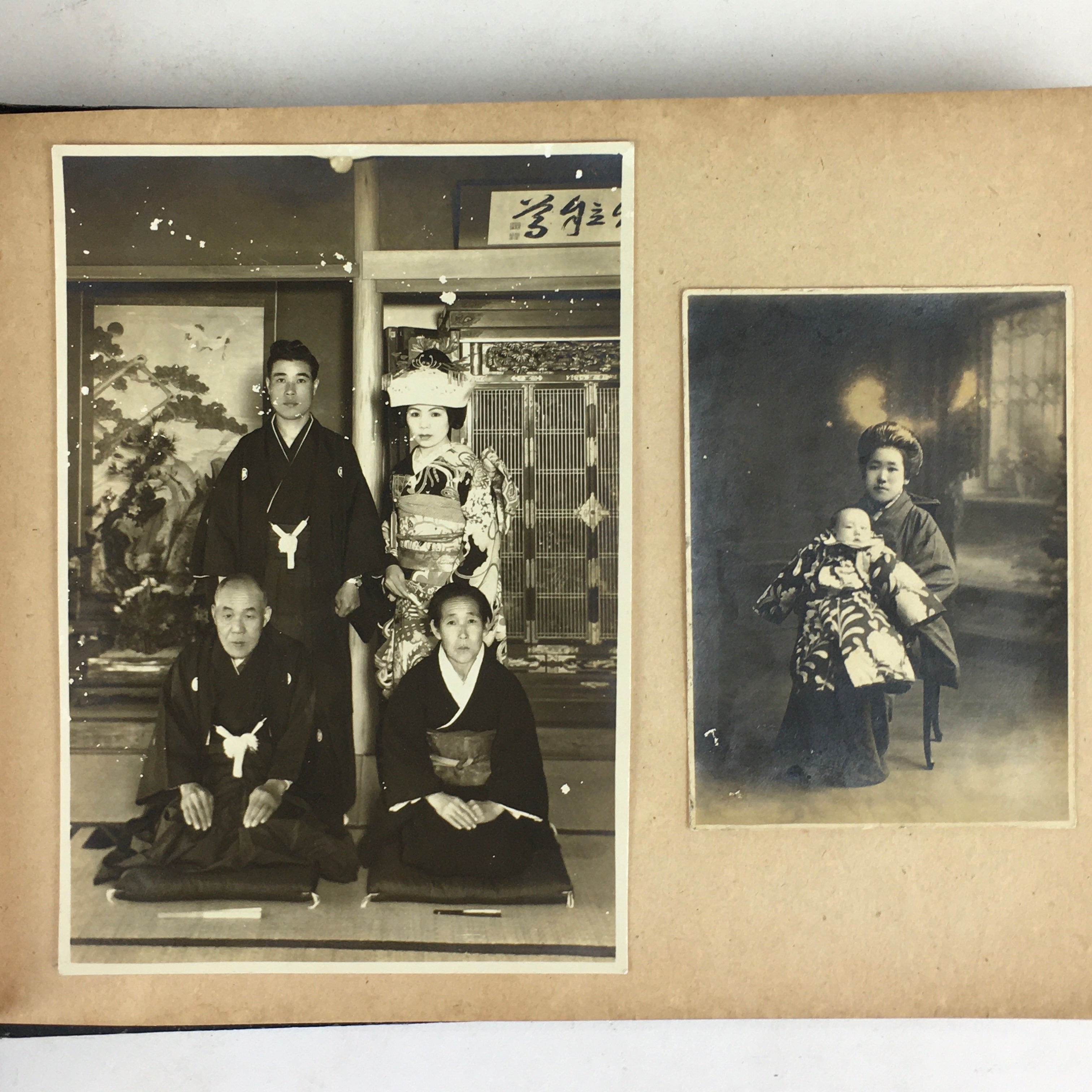 Antique Japanese Photo Album Vtg 97 pc C1930 Family Soldier Kimono Wedding AB117