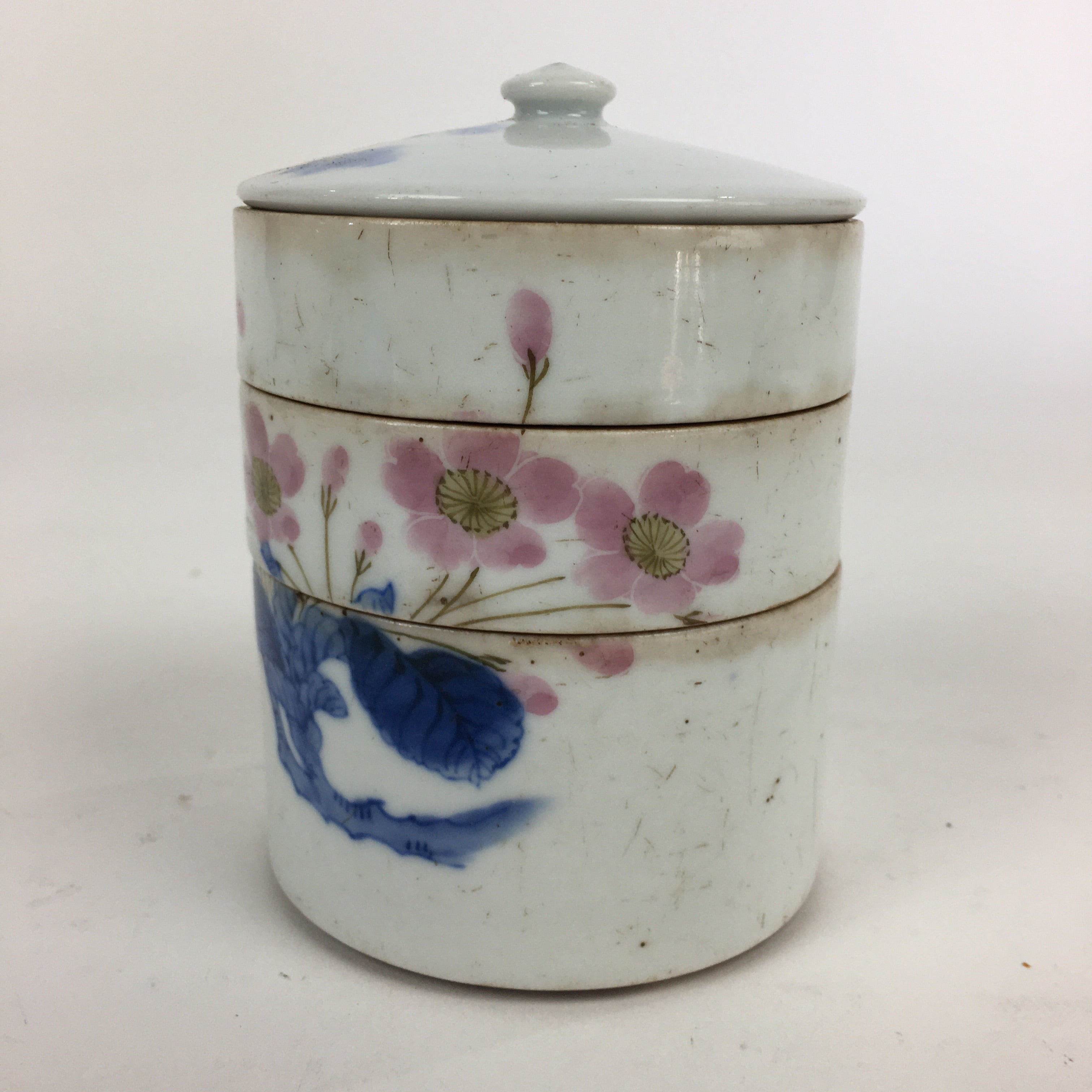 Japanese Ceramic Bento Box Three Tiers Stackable Blue And White 5 1/2x5