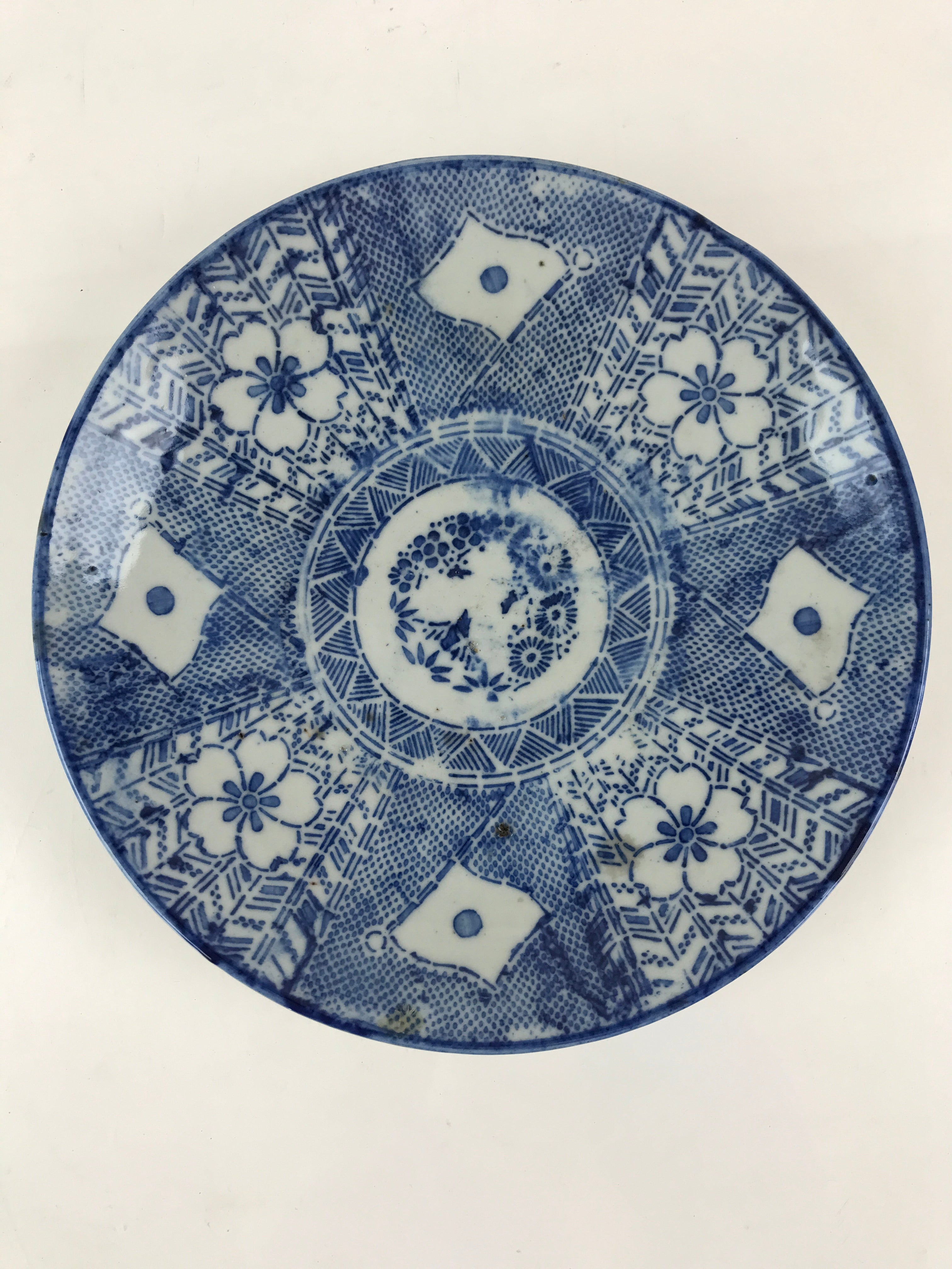Antique Japanese Porcelain Plate Blue Sometsuke Japanese Flag Cherry Blossom PY1