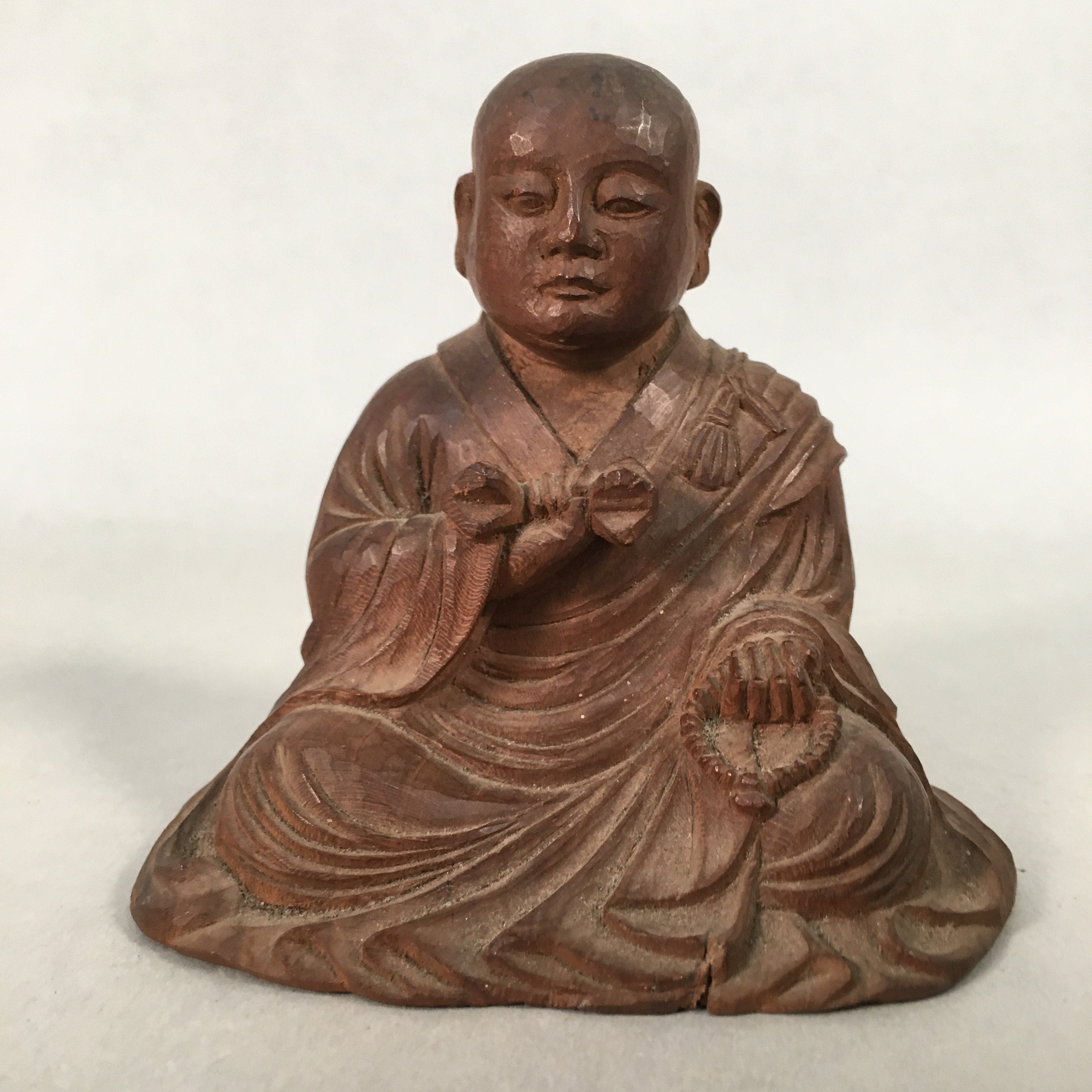 Antique Japanese Wood Carving Buddhist Monk Brown Statue C1930 BD619