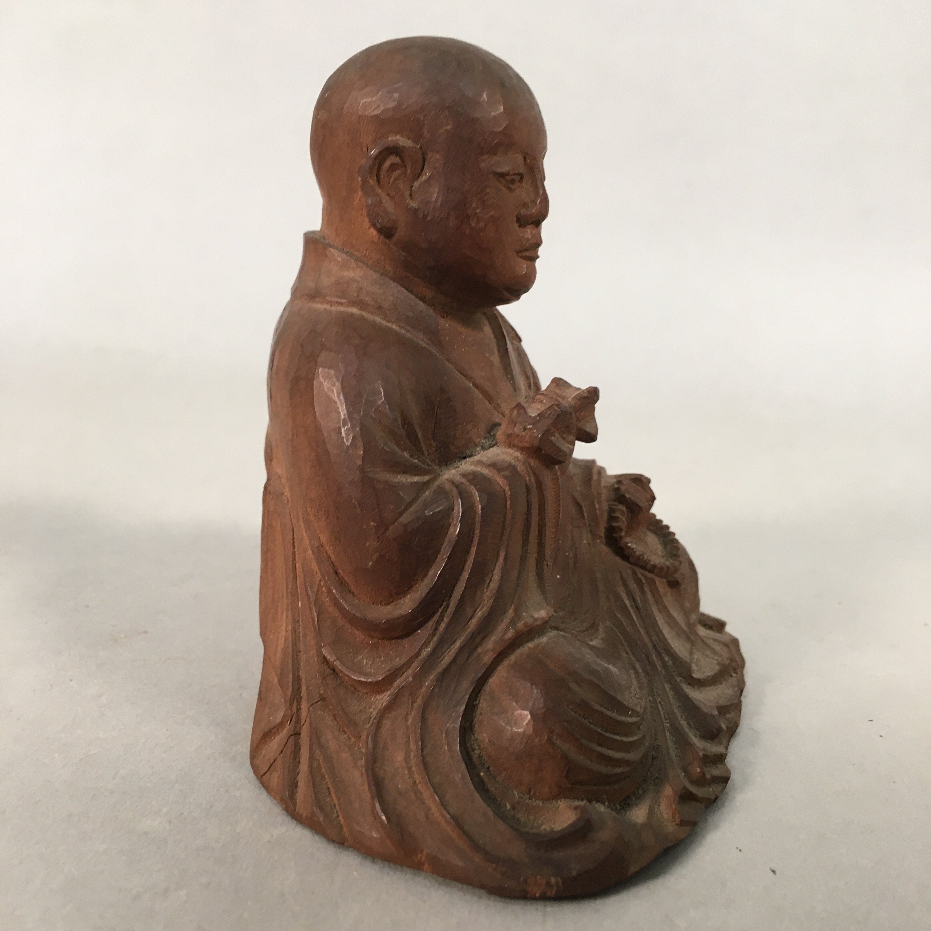 Antique Japanese Wood Carving Buddhist Monk Brown Statue C1930 BD619