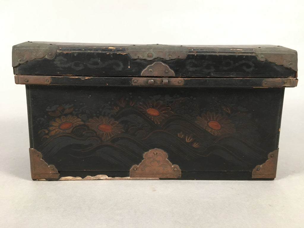 Antique Japanese Wooden Jewelry Box 1850 Edo Era Black Lacquerware T240