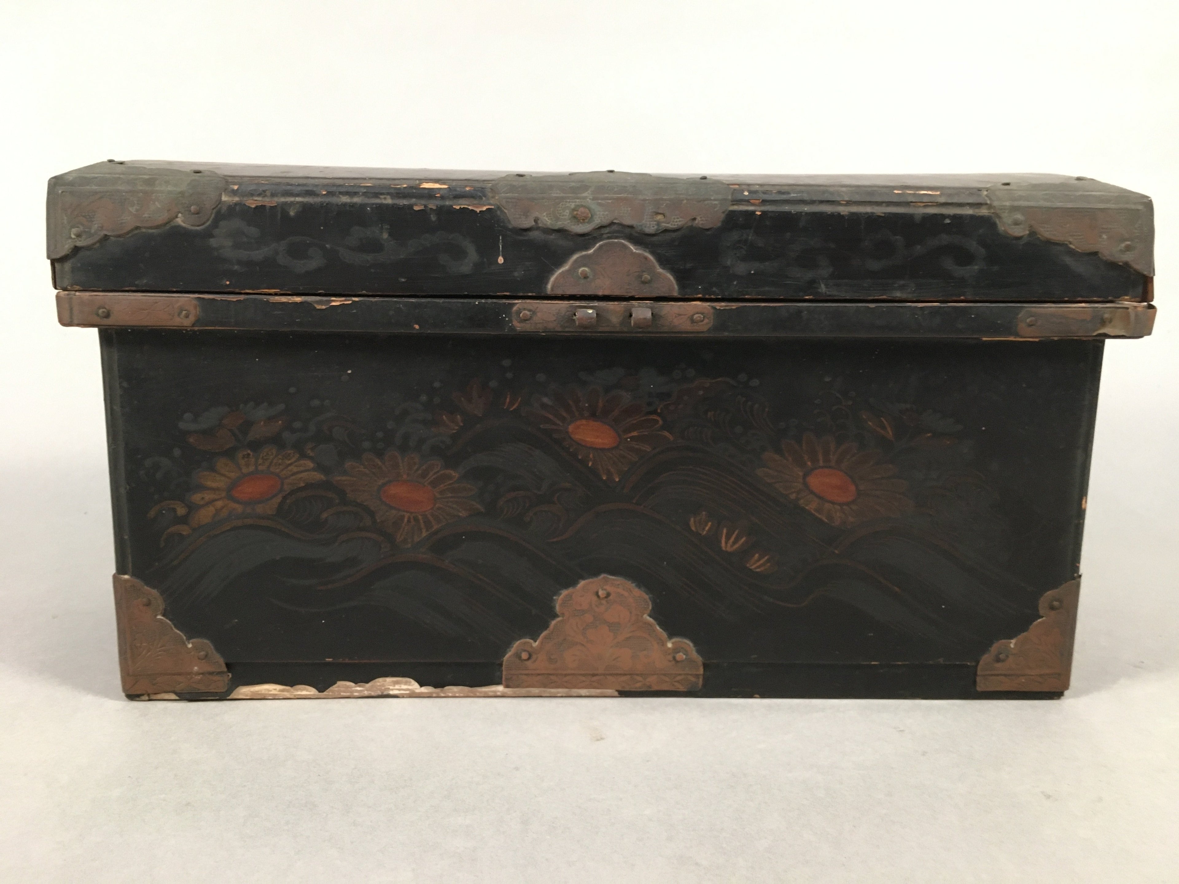 Antique Japanese Wooden Jewelry Box 1850 Edo Era Black Lacquerware T240