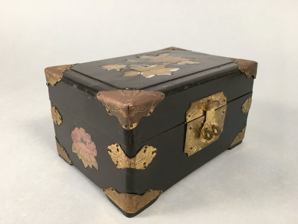 Antique Japanese Wooden Jewelry Box 1900 Shell Inlay Lock Key Embroidery T233