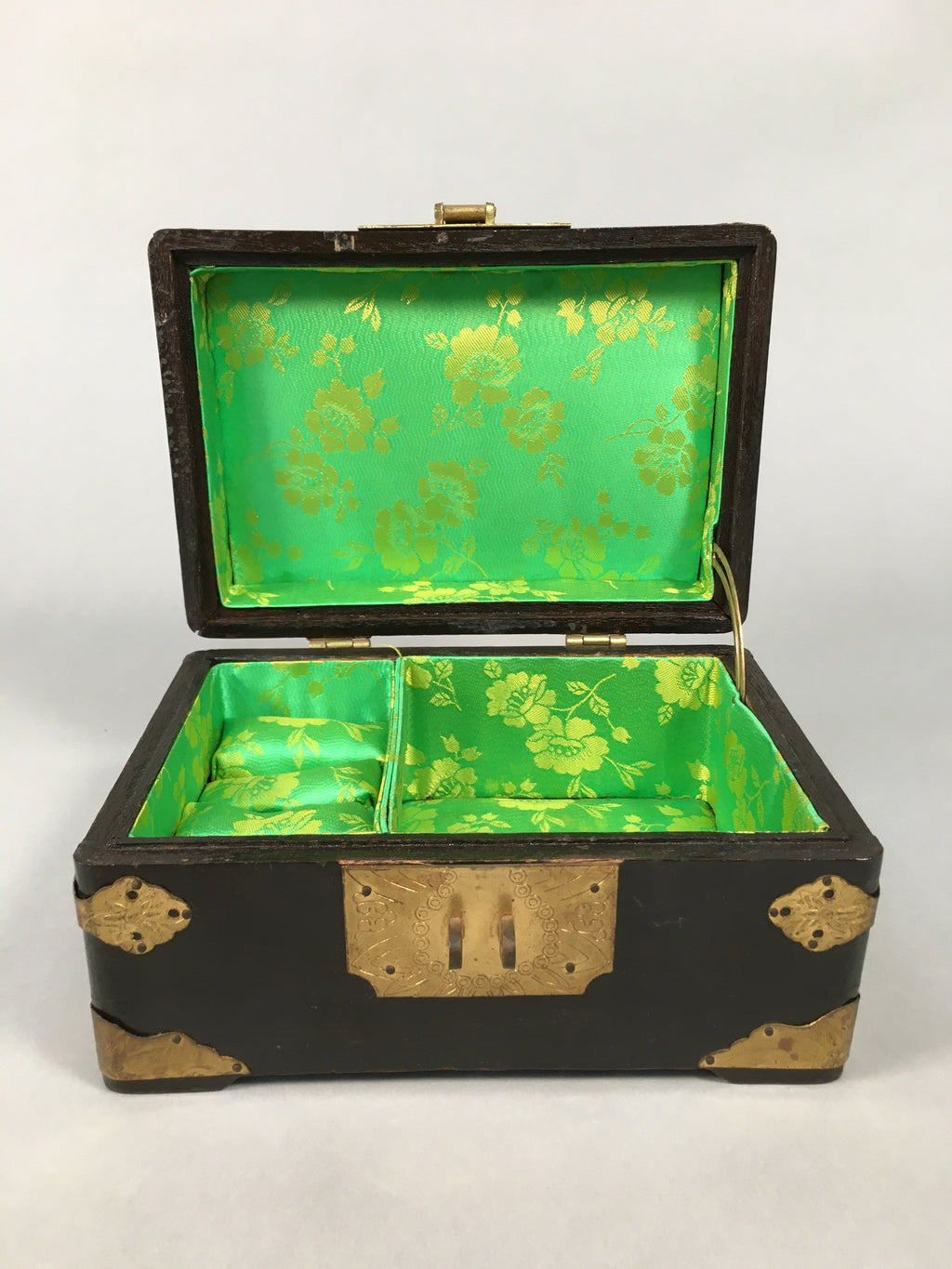 Antique Japanese Wooden Jewelry Box 1900 Shell Inlay Lock Key Embroidery T233