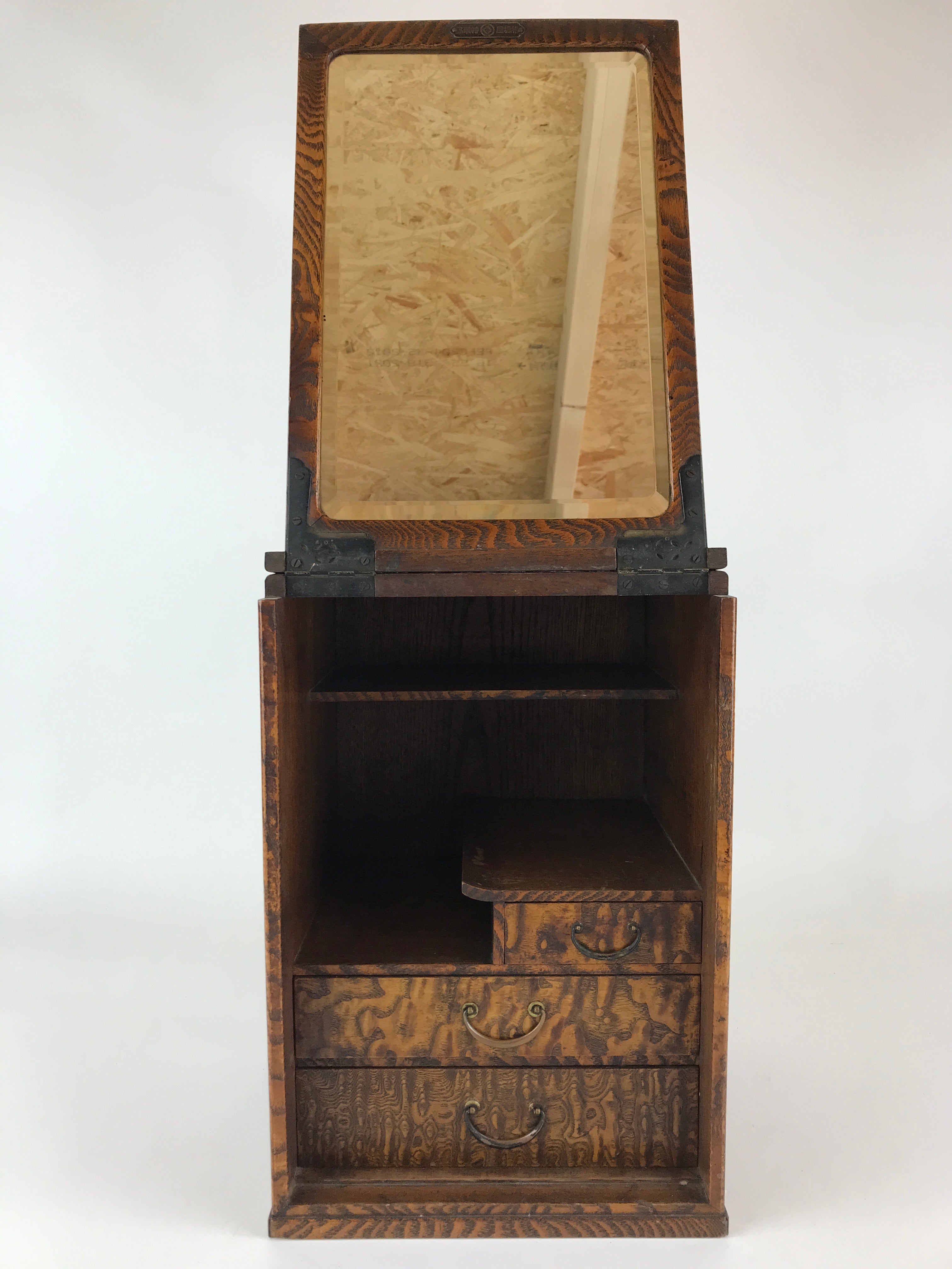 Antique Japanese Wooden Keshobako Cosmetic Box C1900 Mirror Three Drawers T321