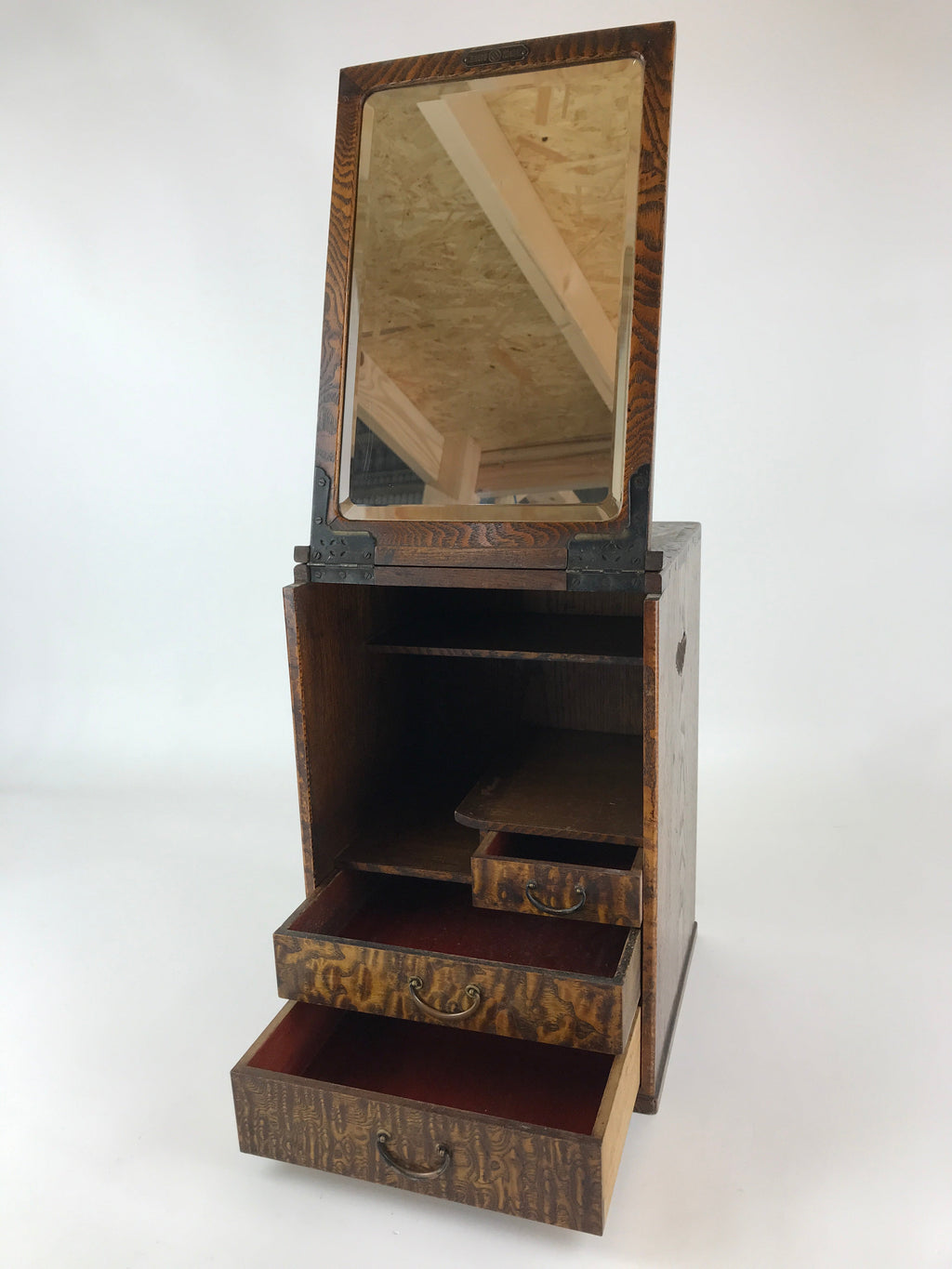 Antique Japanese Wooden Keshobako Cosmetic Box C1900 Mirror Three Drawers T321