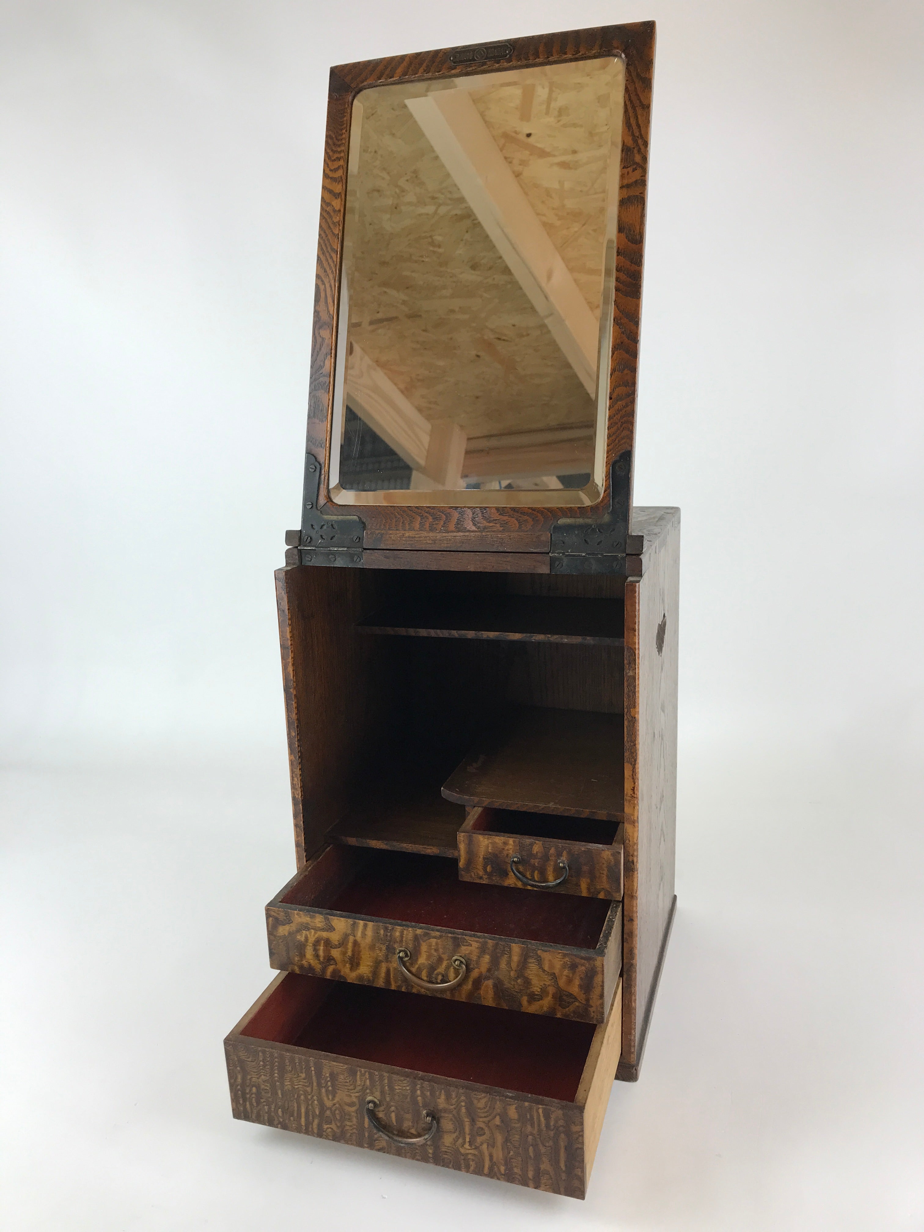 Antique Japanese Wooden Keshobako Cosmetic Box C1900 Mirror Three Drawers T321