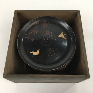 Antique Japanese Wooden Lacquered Plate Makie 10 pc Set C1880 Bird Black PX586