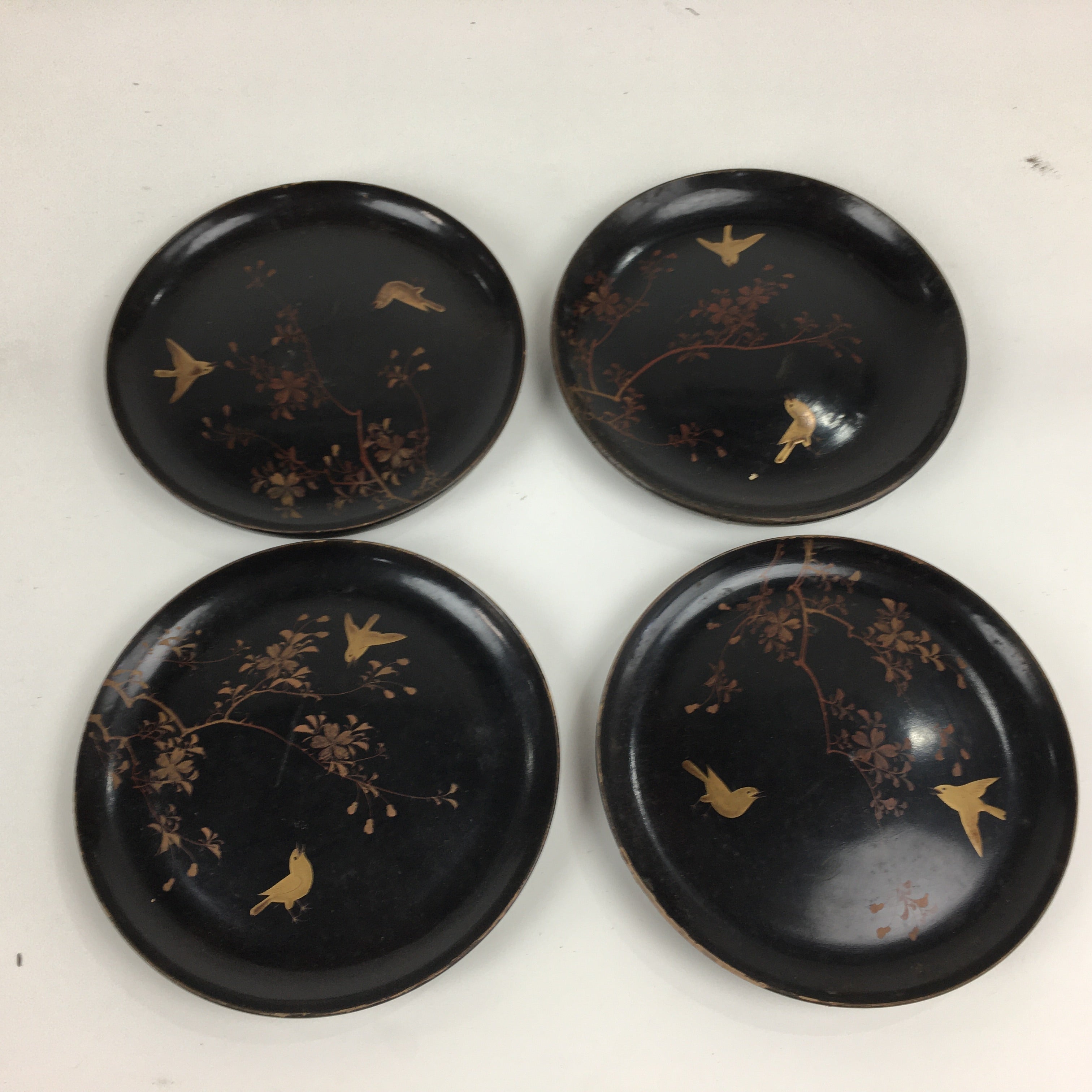 Antique Japanese Wooden Lacquered Plate Makie 10 pc Set C1880 Bird Black PX586