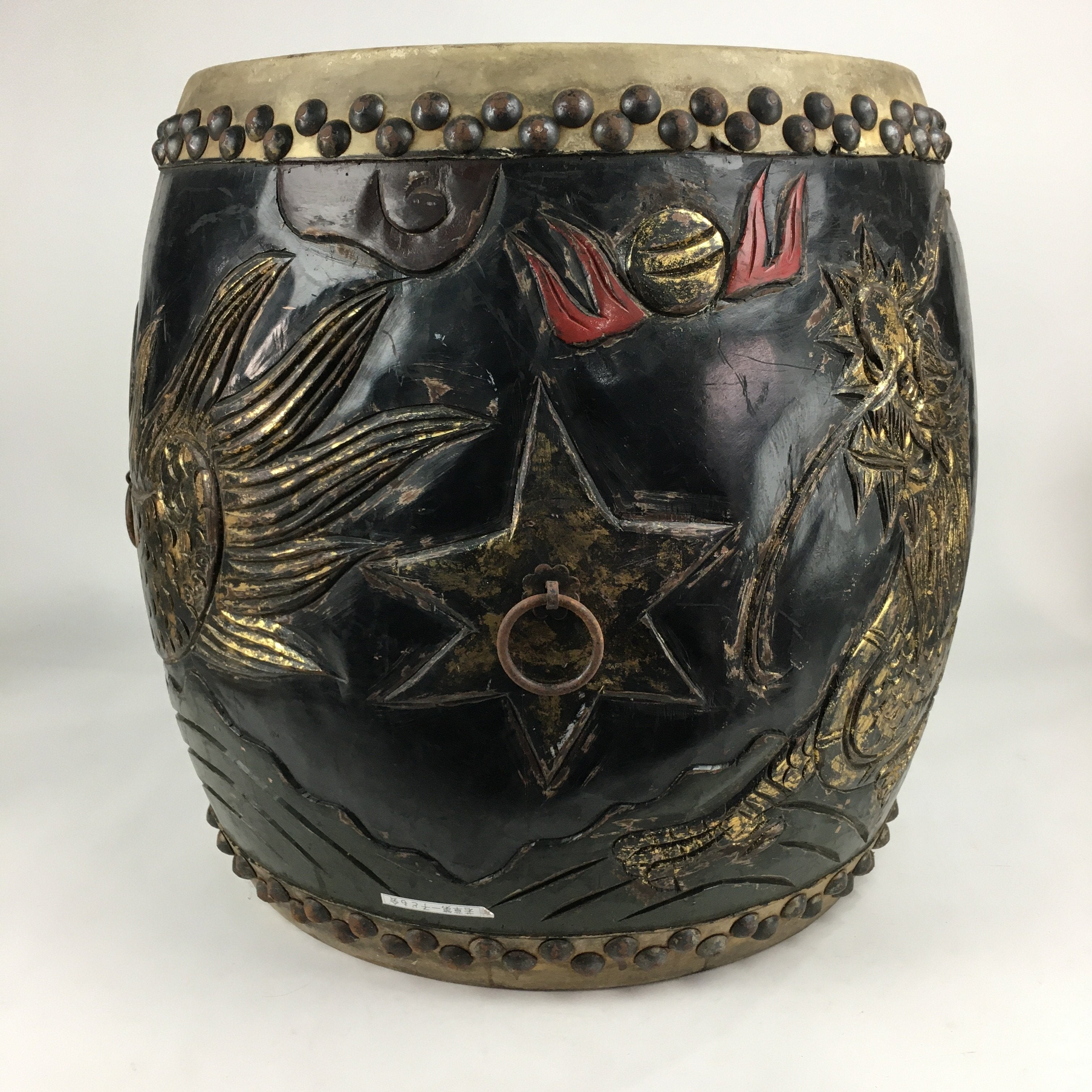 Antique Japanese Wooden Taiko Drum C1900 Dragon Matsuri Musical Instrument BD718