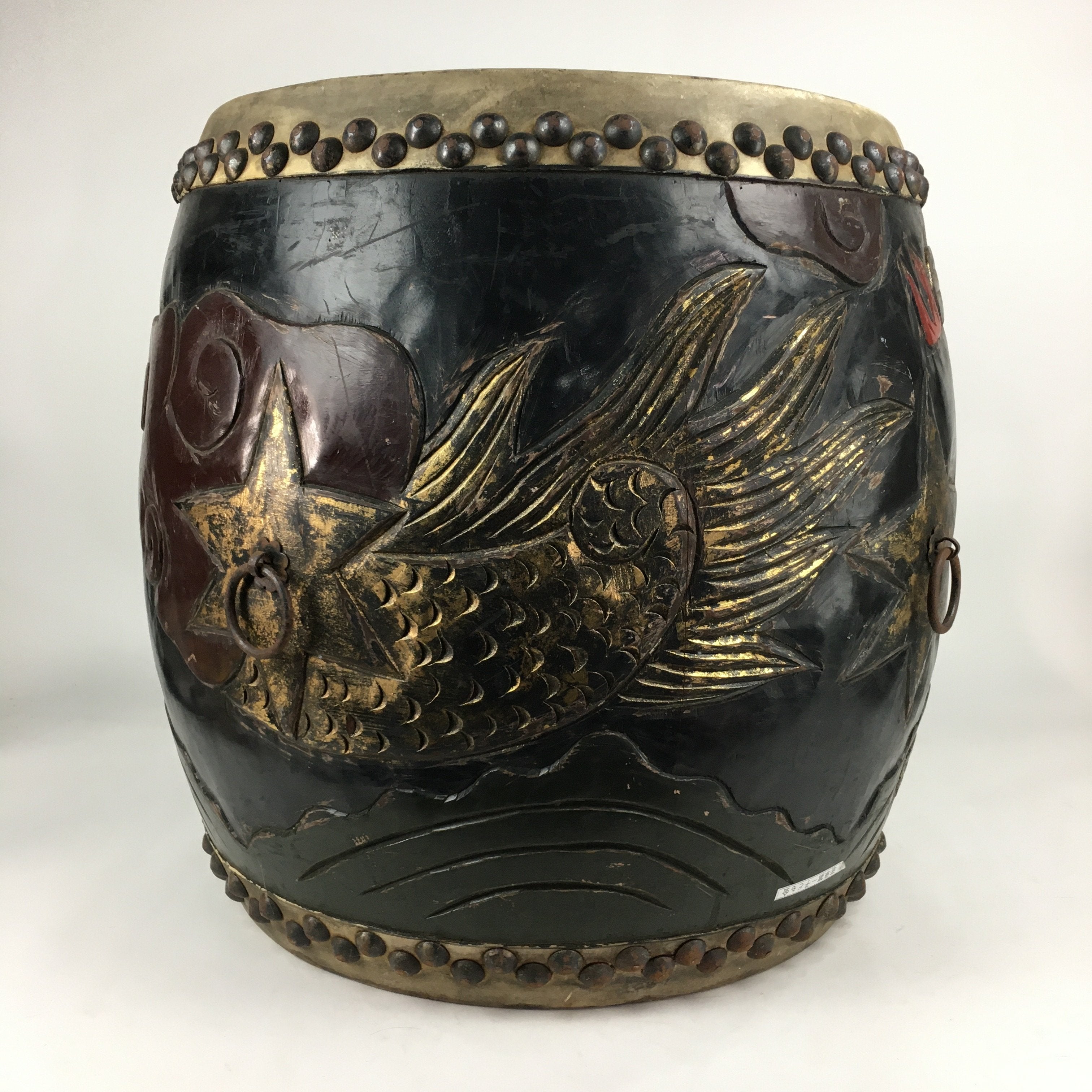Antique Japanese Wooden Taiko Drum C1900 Dragon Matsuri Musical Instrument BD718