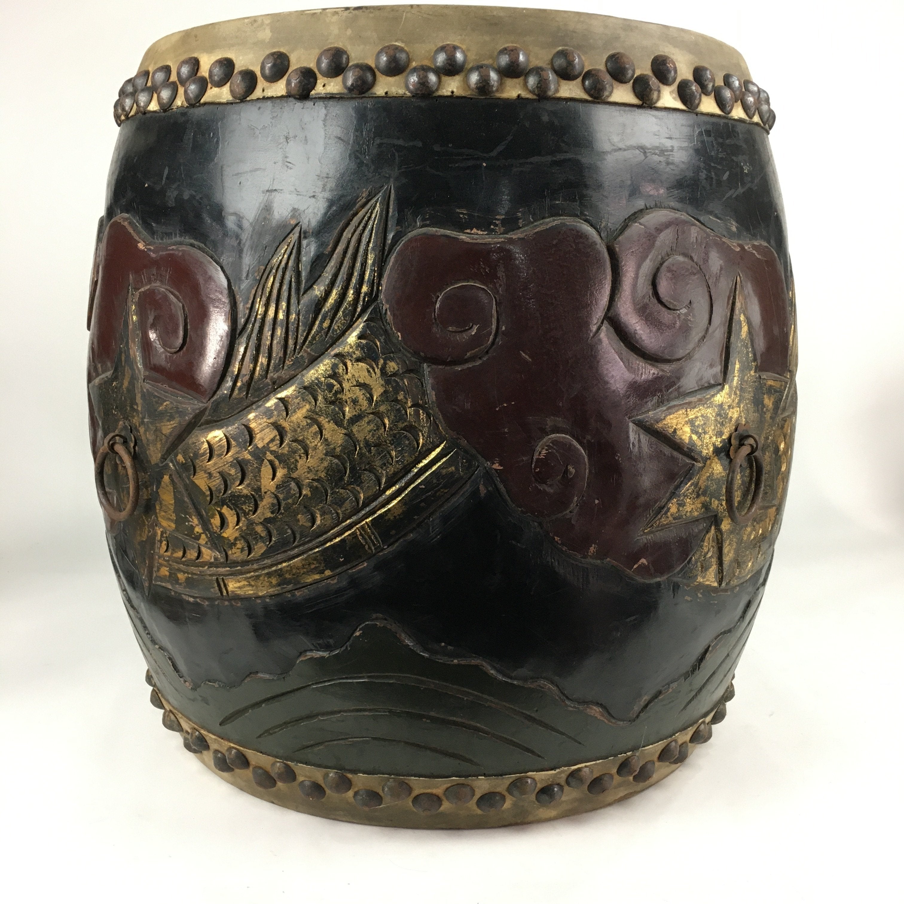 Antique Japanese Wooden Taiko Drum C1900 Dragon Matsuri Musical Instrument BD718