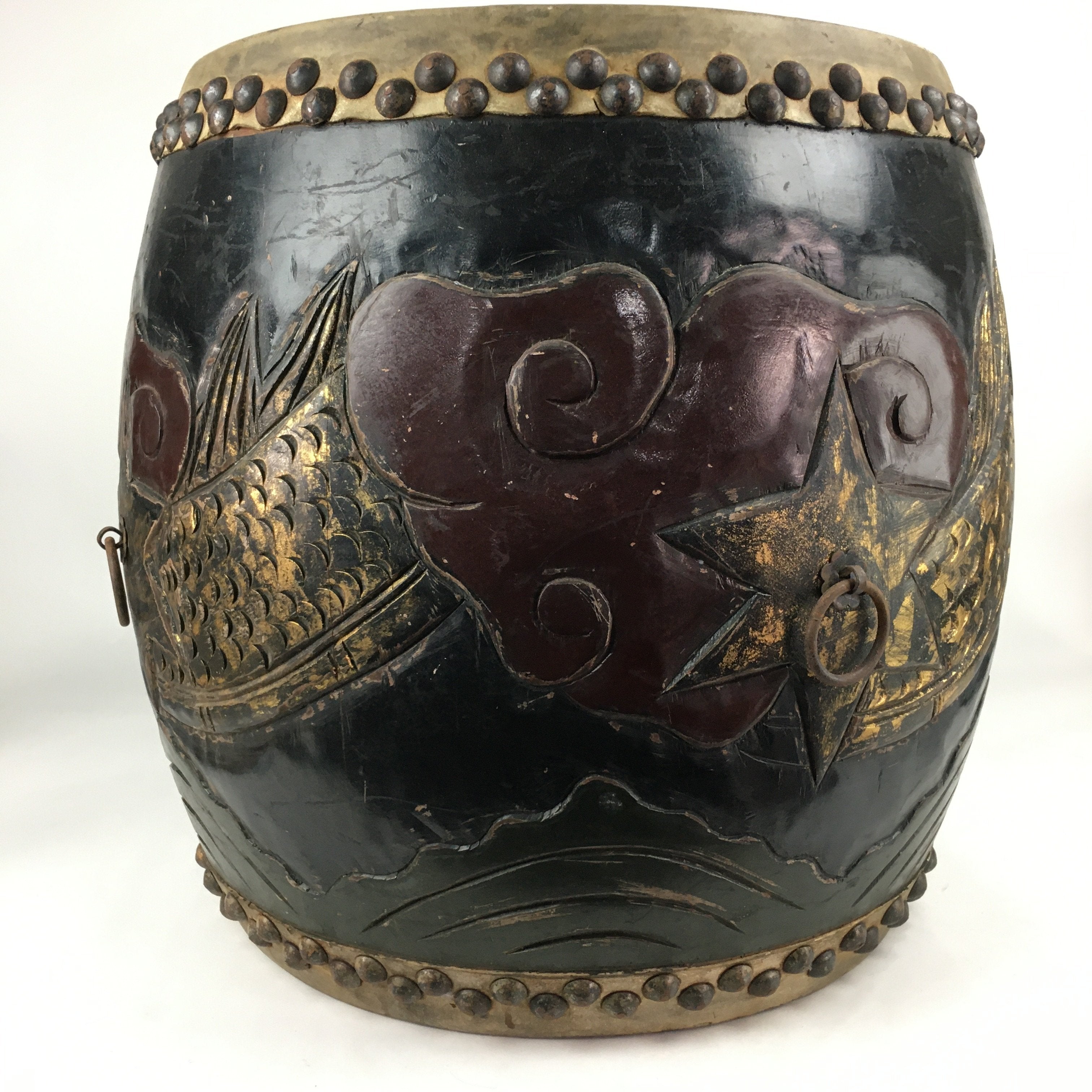 Antique Japanese Wooden Taiko Drum C1900 Dragon Matsuri Musical Instrument BD718