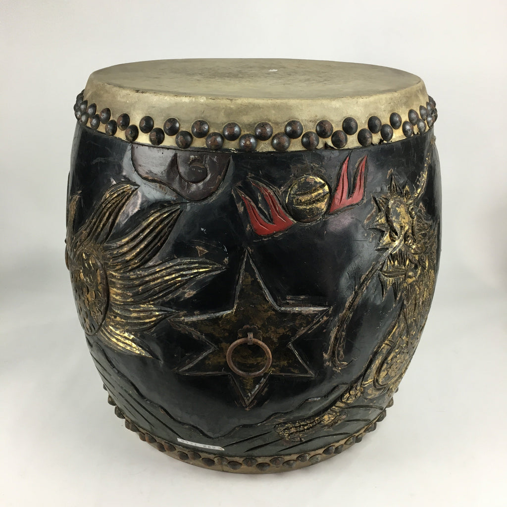 Antique Japanese Wooden Taiko Drum C1900 Dragon Matsuri Musical Instrument BD718