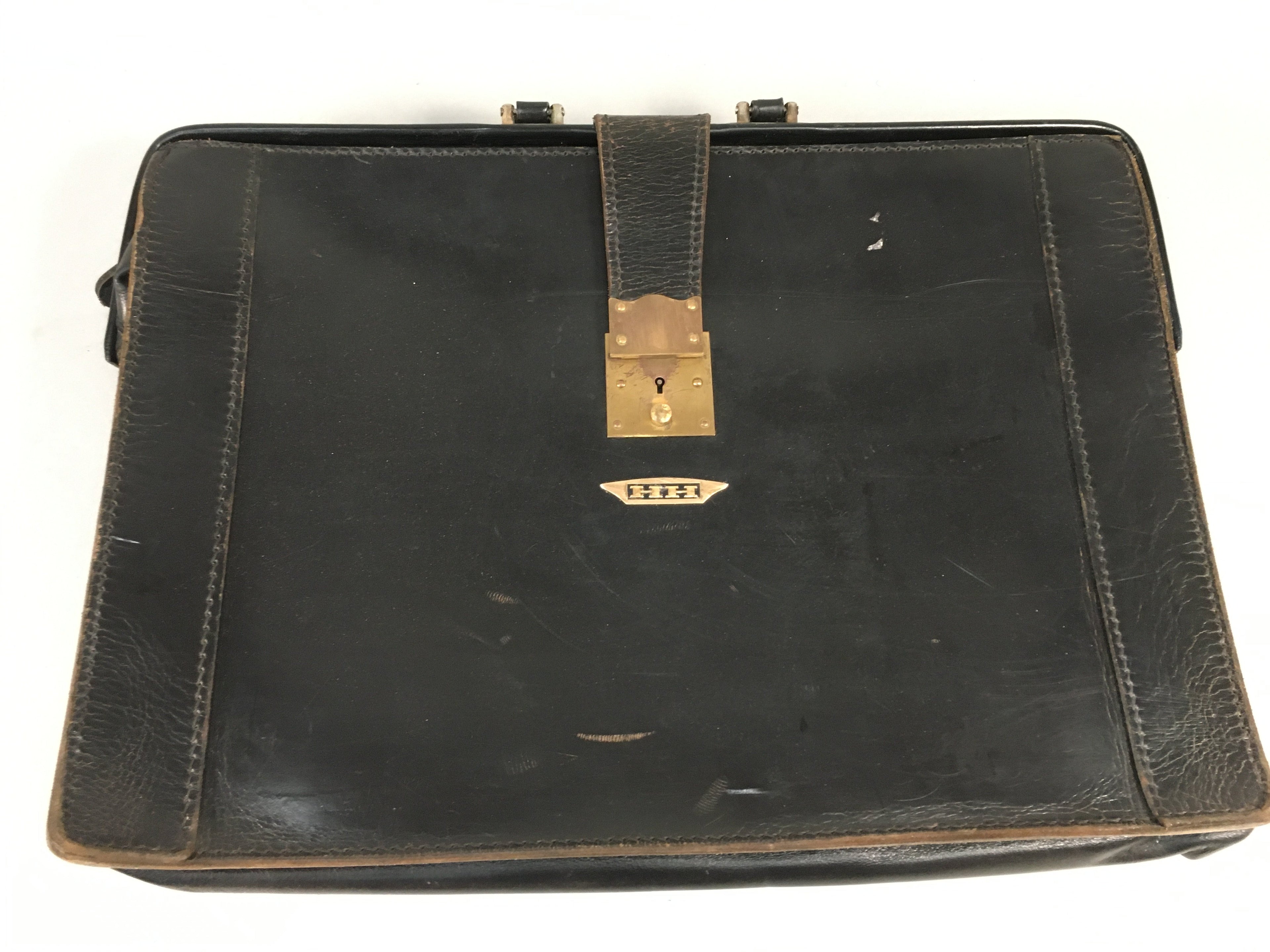 British Business Bag Vtg HH Brand Black Briefcase Leather C1970 KB18