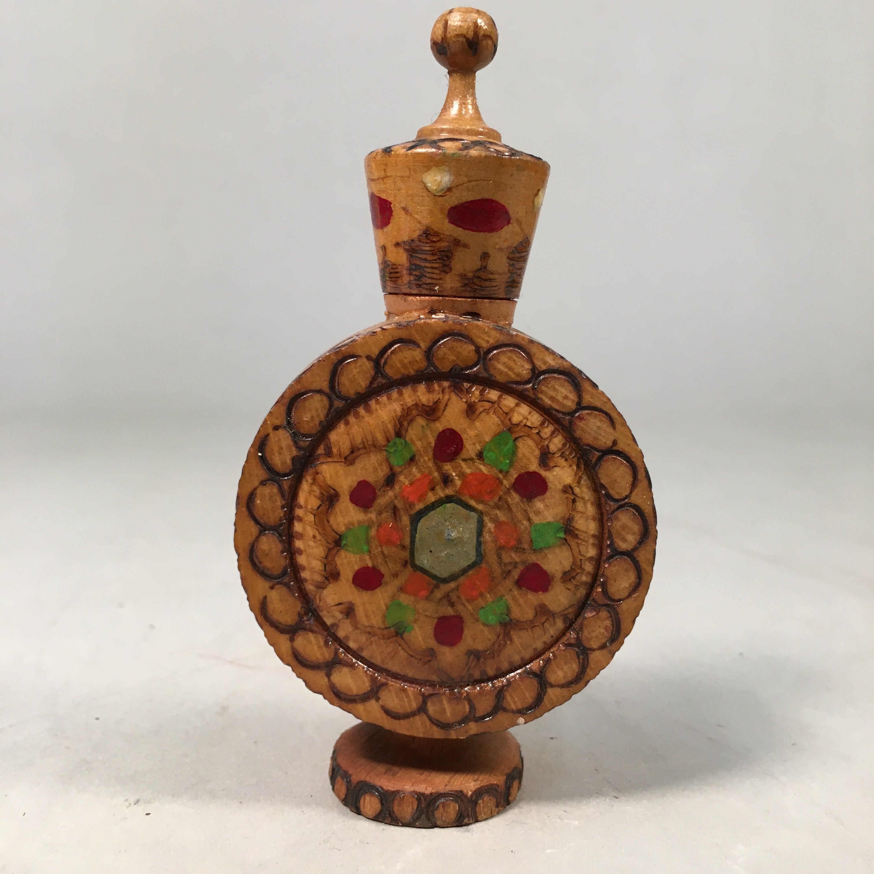 Bulgaria Wooden Perfume Bottle Vtg Container Floral Rose Brown KF403