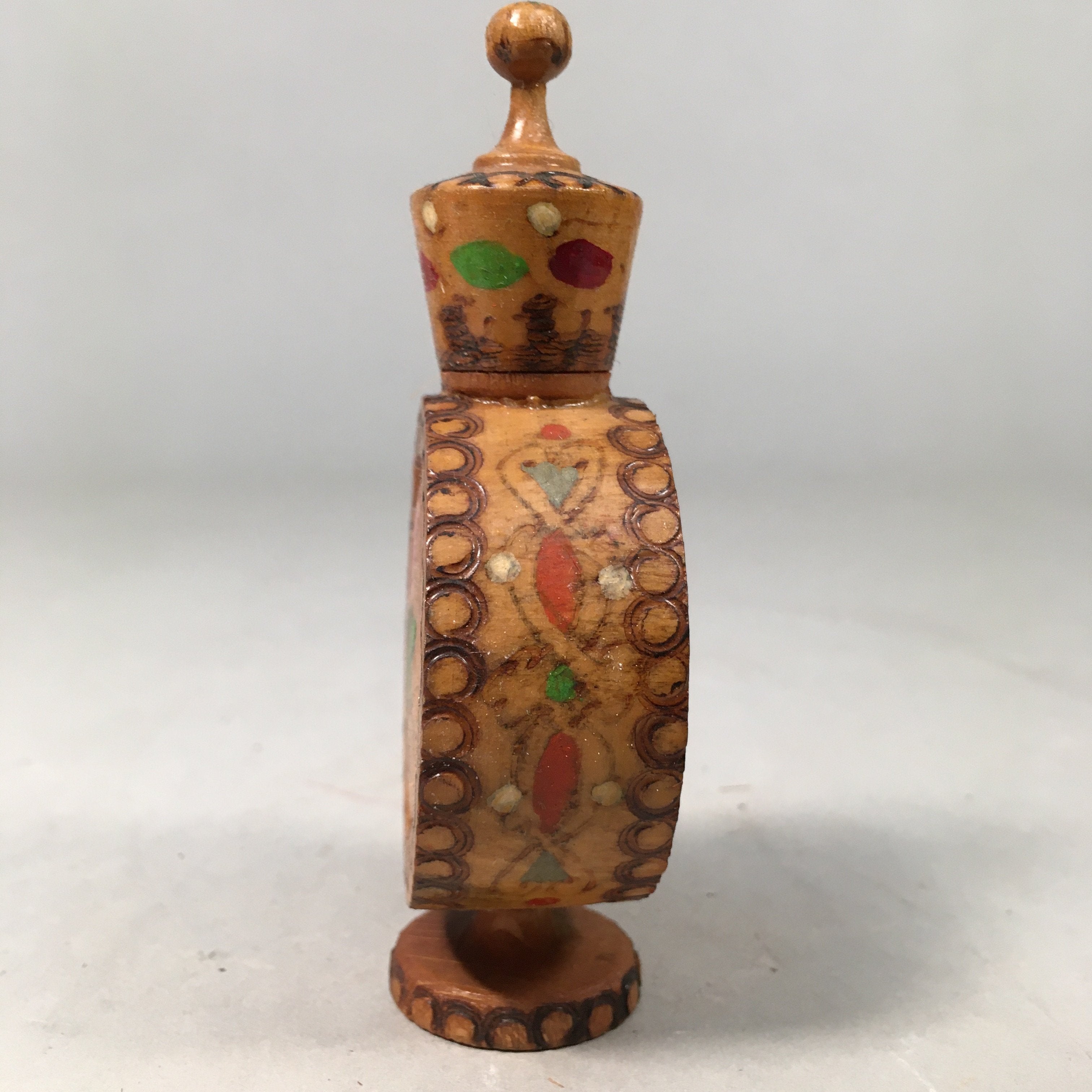 Bulgaria Wooden Perfume Bottle Vtg Container Floral Rose Brown KF403