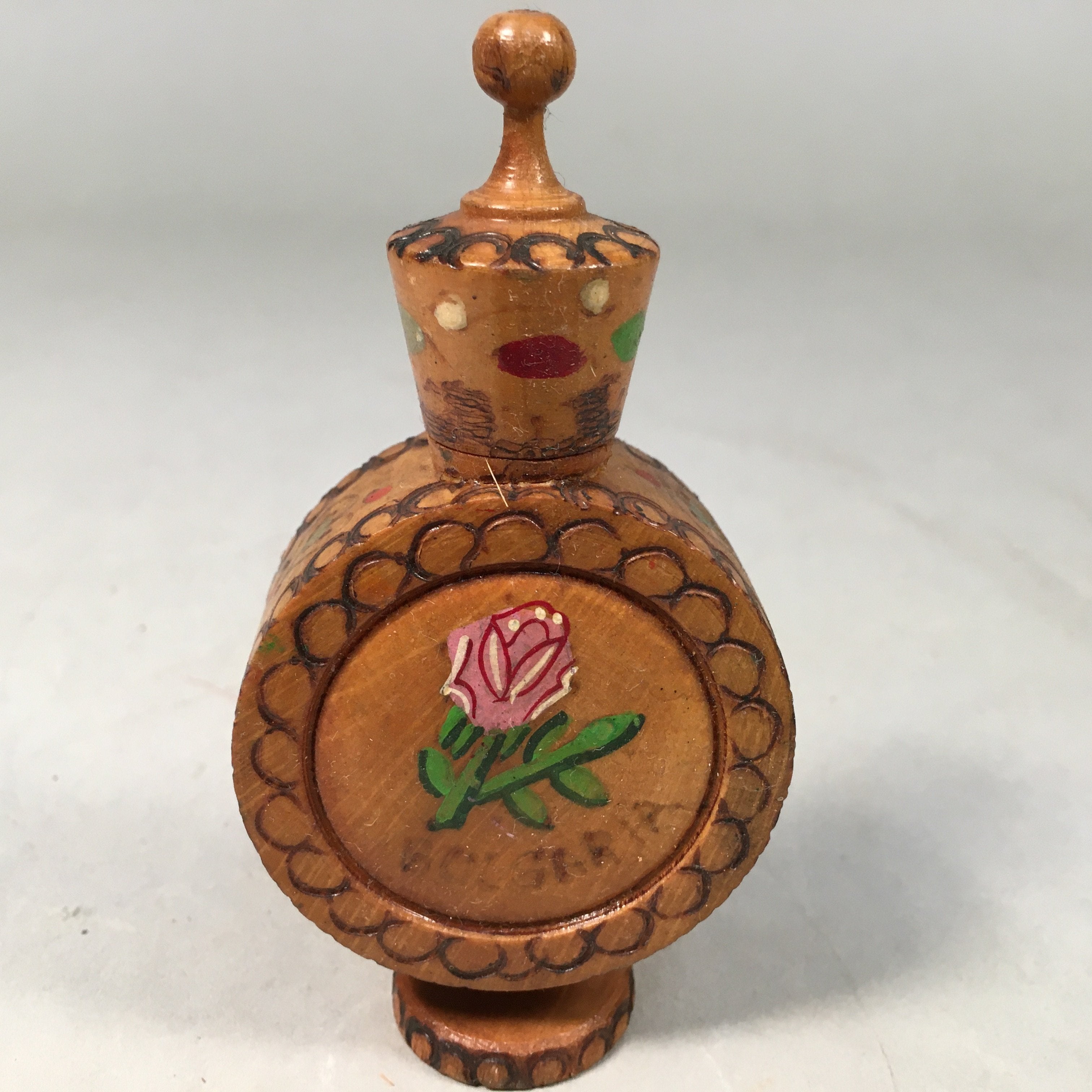 Bulgaria Wooden Perfume Bottle Vtg Container Floral Rose Brown KF403