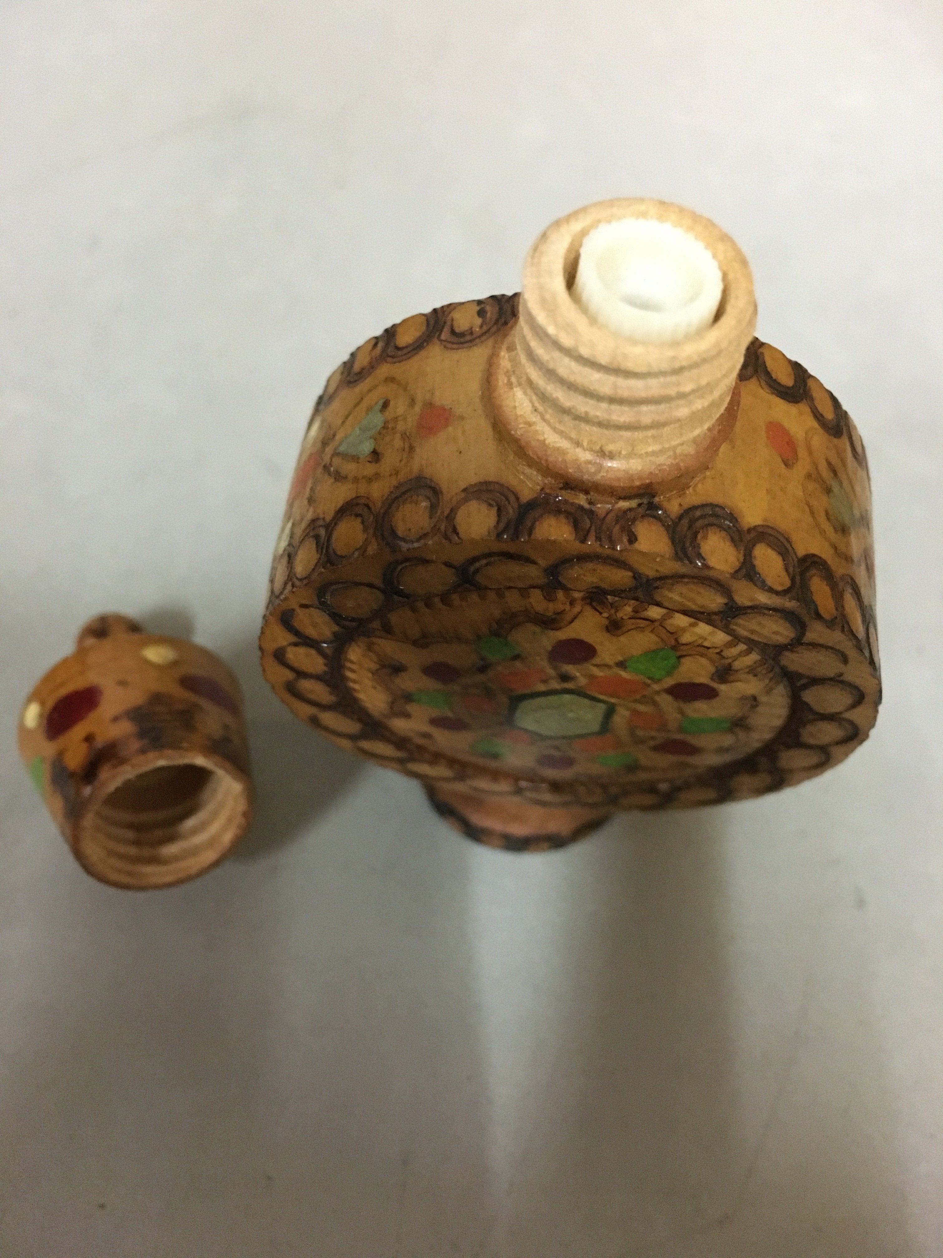 Bulgaria Wooden Perfume Bottle Vtg Container Floral Rose Brown KF403