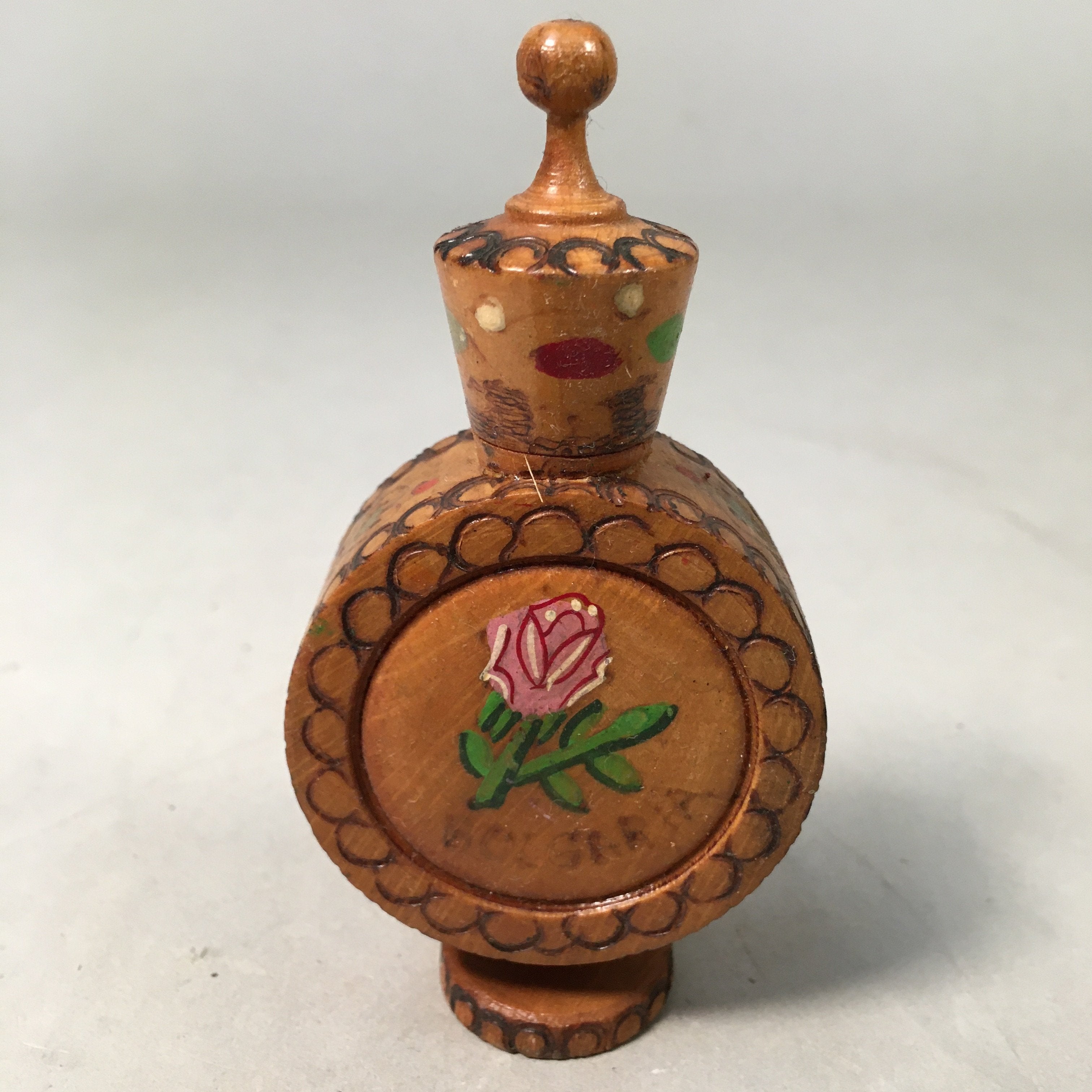 Bulgaria Wooden Perfume Bottle Vtg Container Floral Rose Brown KF403