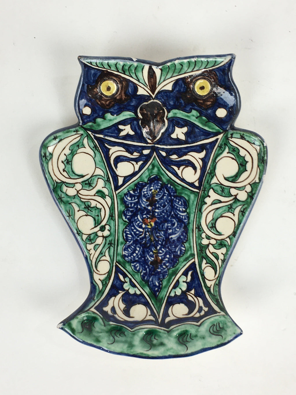 Ceramic Wall Hanging Plate Vtg Owl Yakimono Ornament Green Blue From Japan JK344