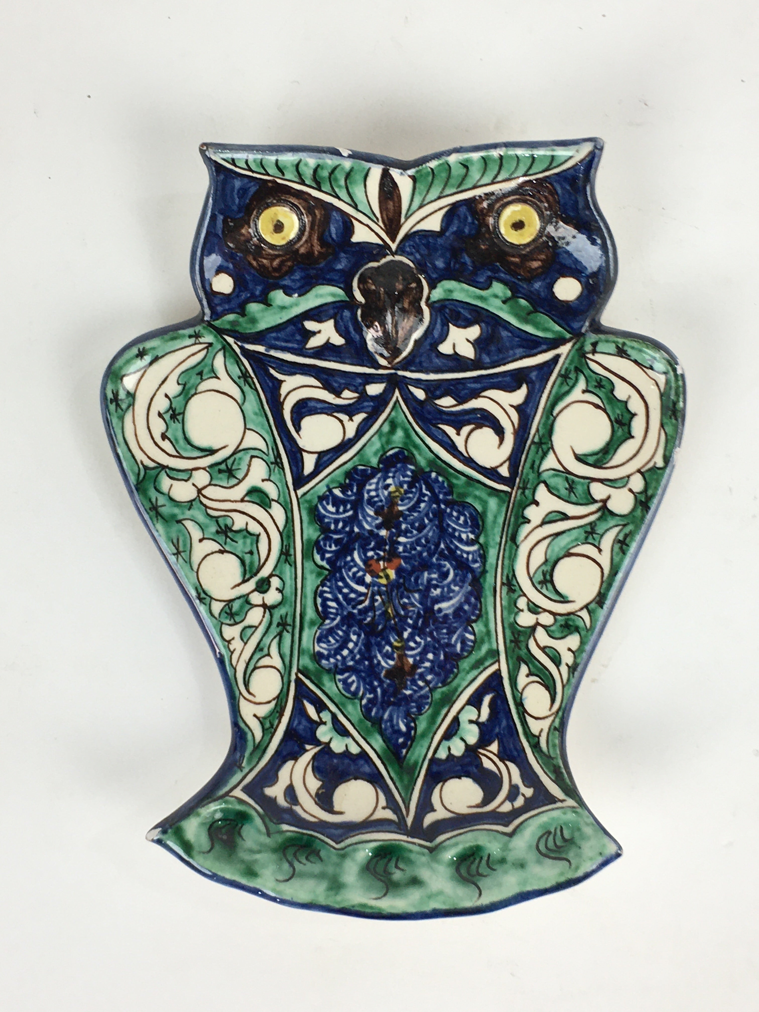 Ceramic Wall Hanging Plate Vtg Owl Yakimono Ornament Green Blue From Japan JK344