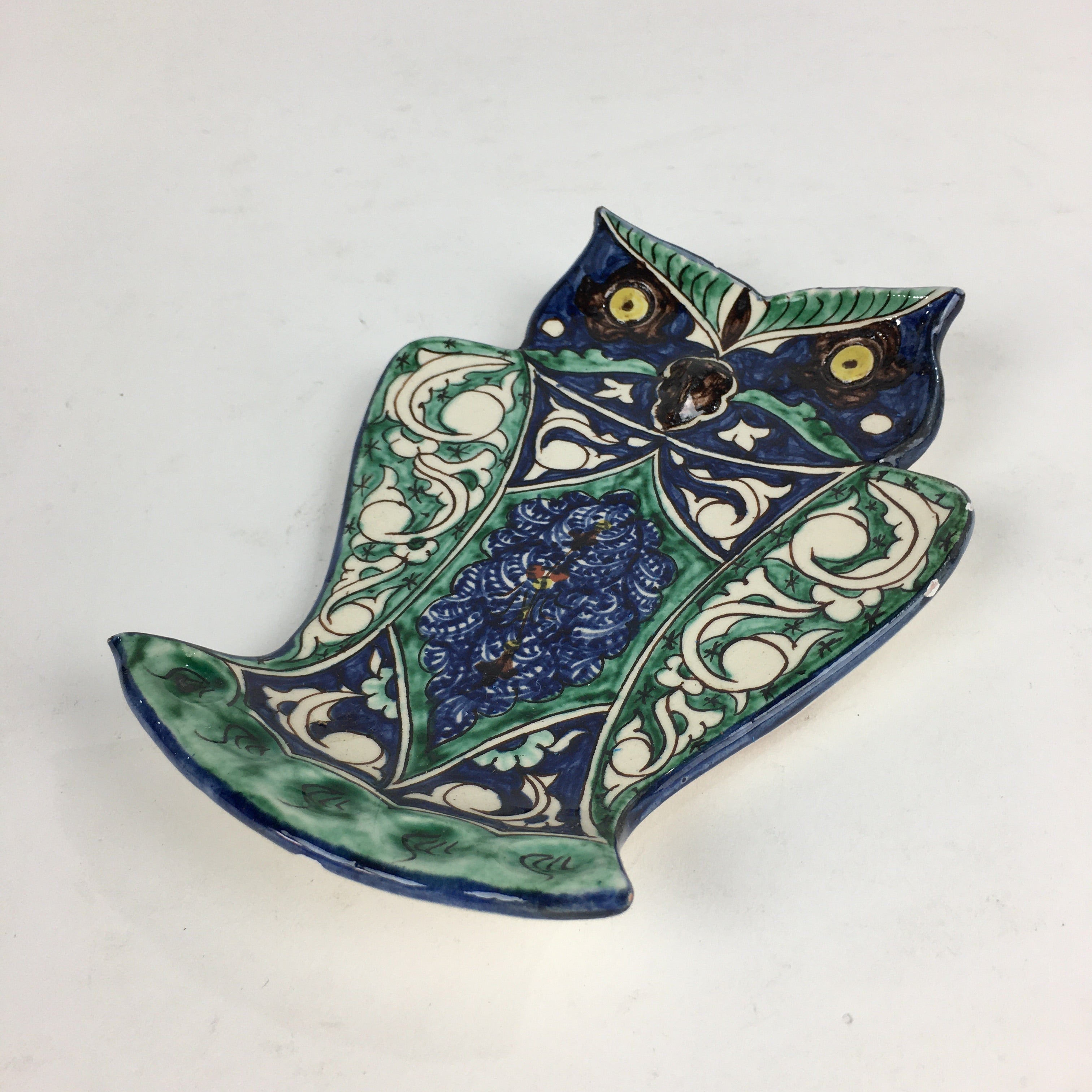 Ceramic Wall Hanging Plate Vtg Owl Yakimono Ornament Green Blue From Japan JK344