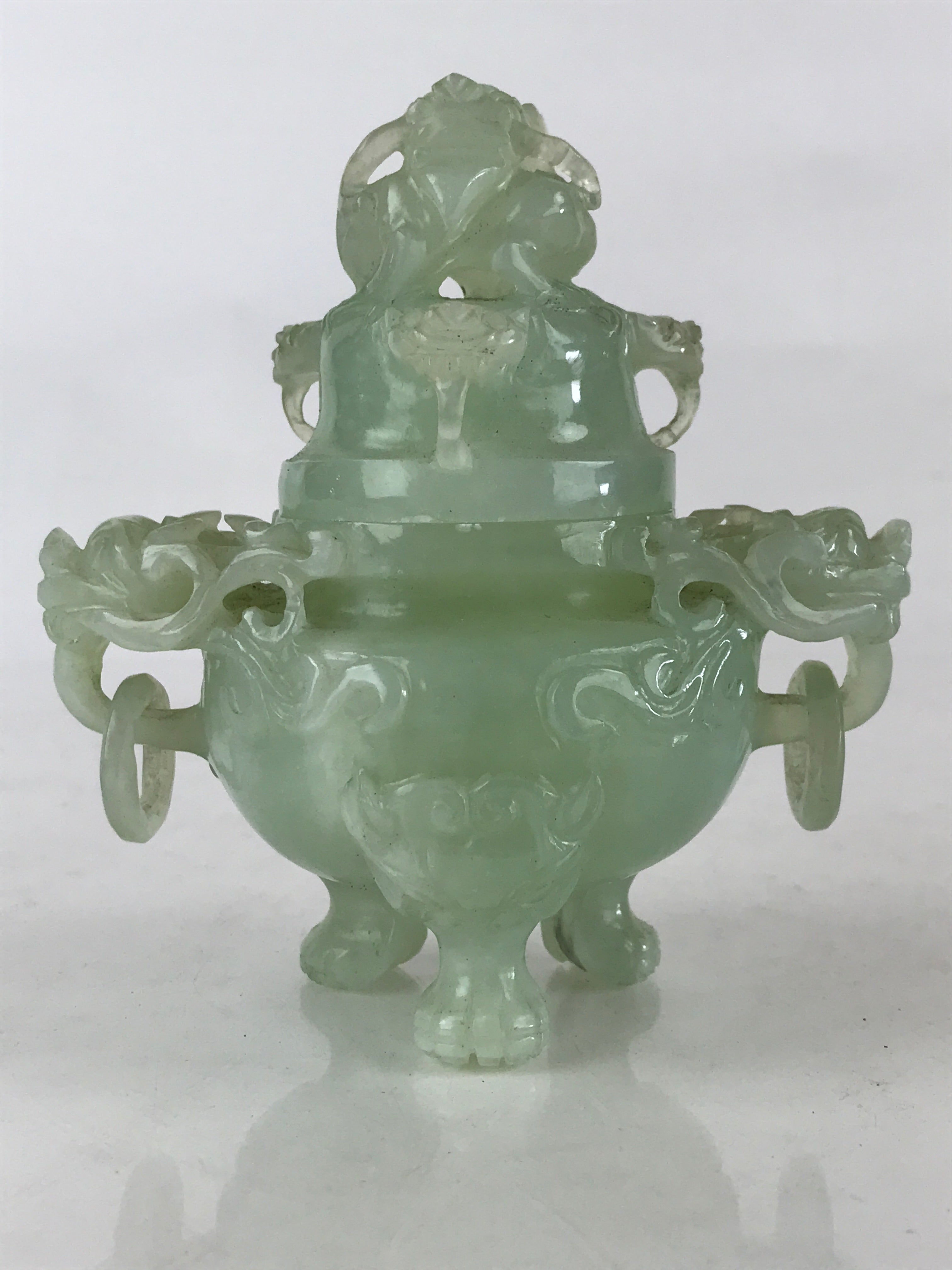 Chinese Art Jade Stone Sculpture Incense Burner Container Vtg Three Legs Koro BU836