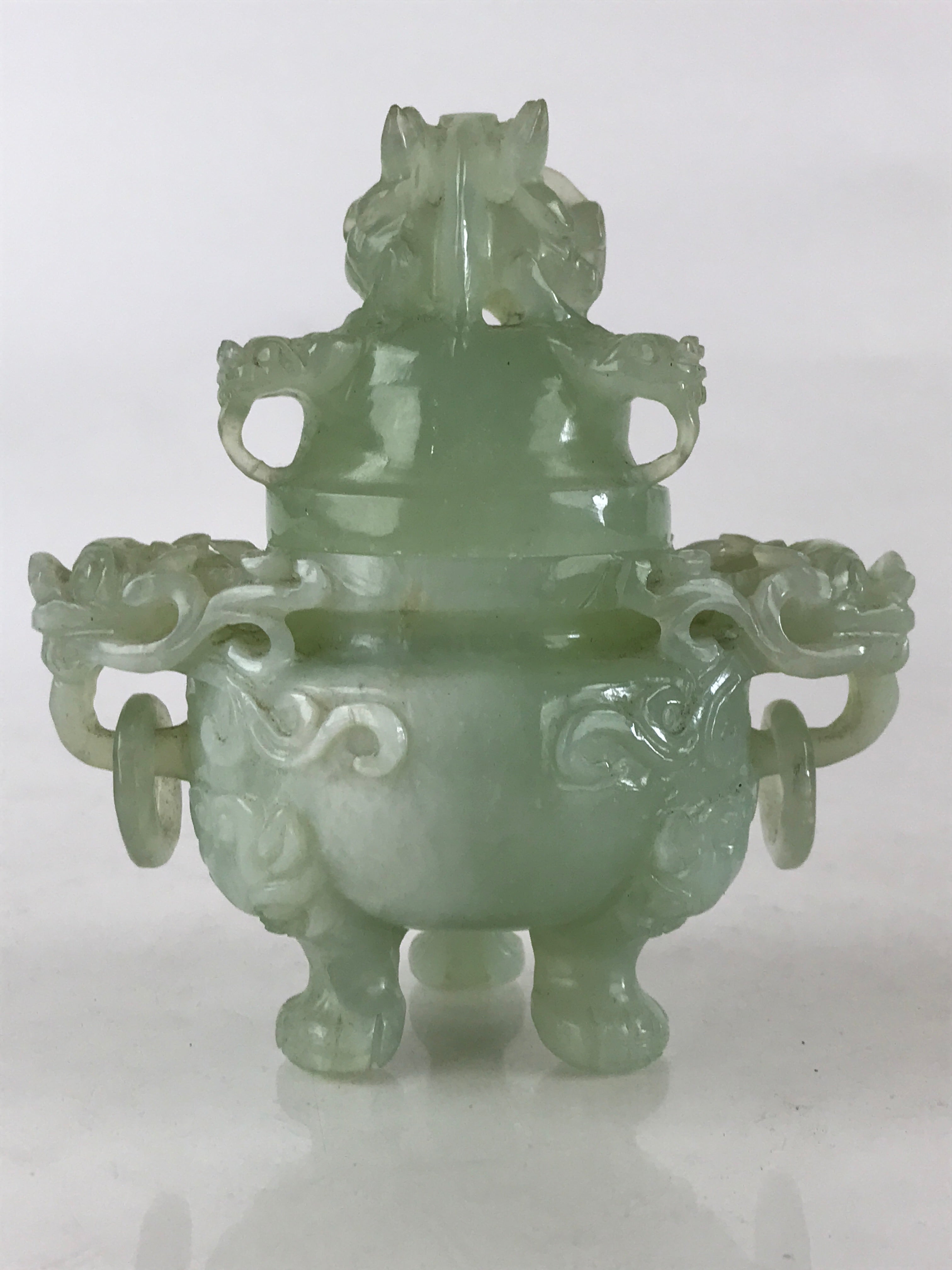 Chinese Art Jade Stone Sculpture Incense Burner Container Vtg Three Legs Koro BU836