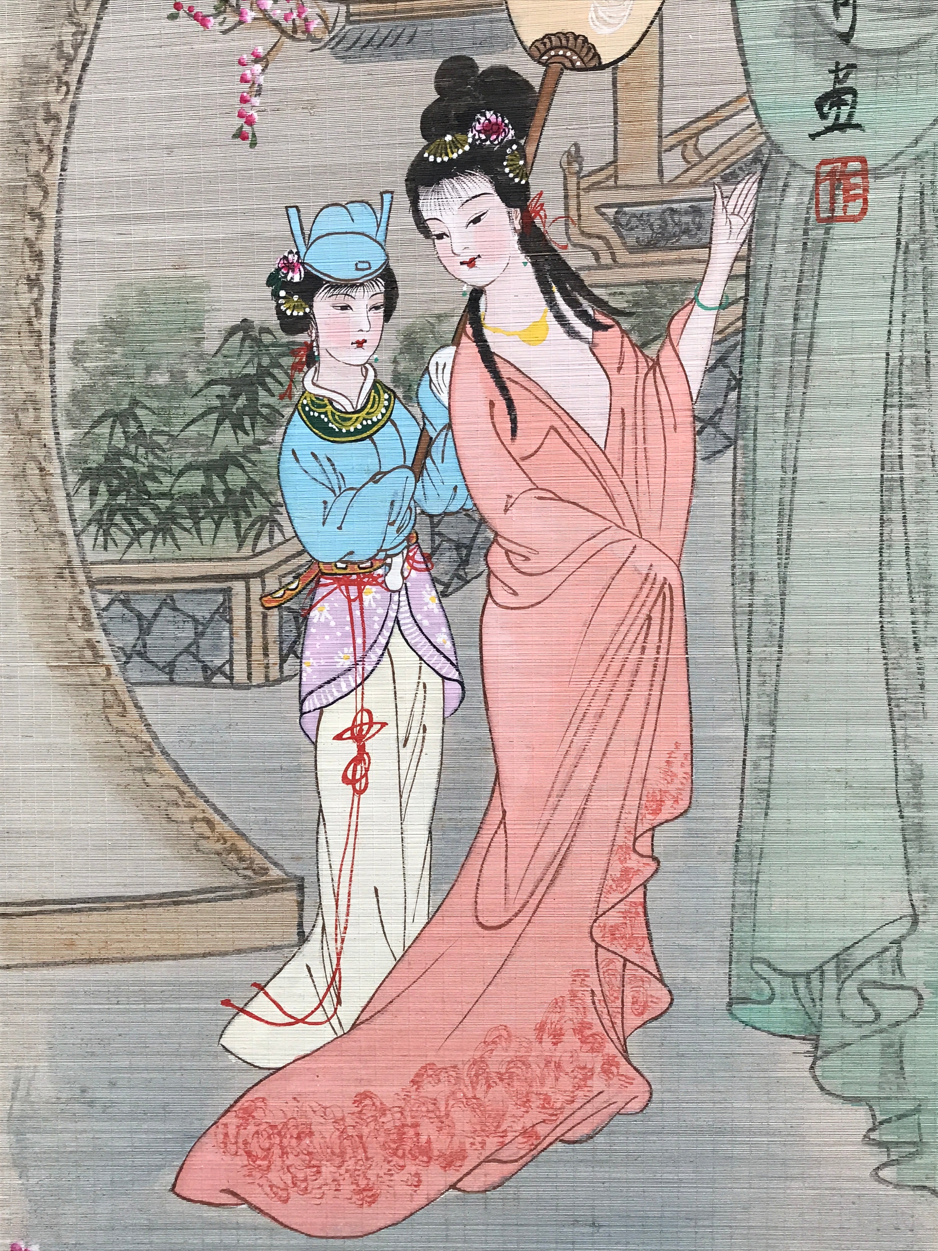 Chinese Bamboo Thread Painting Hanging Scroll Princess Kakejiku Kakemono SC760