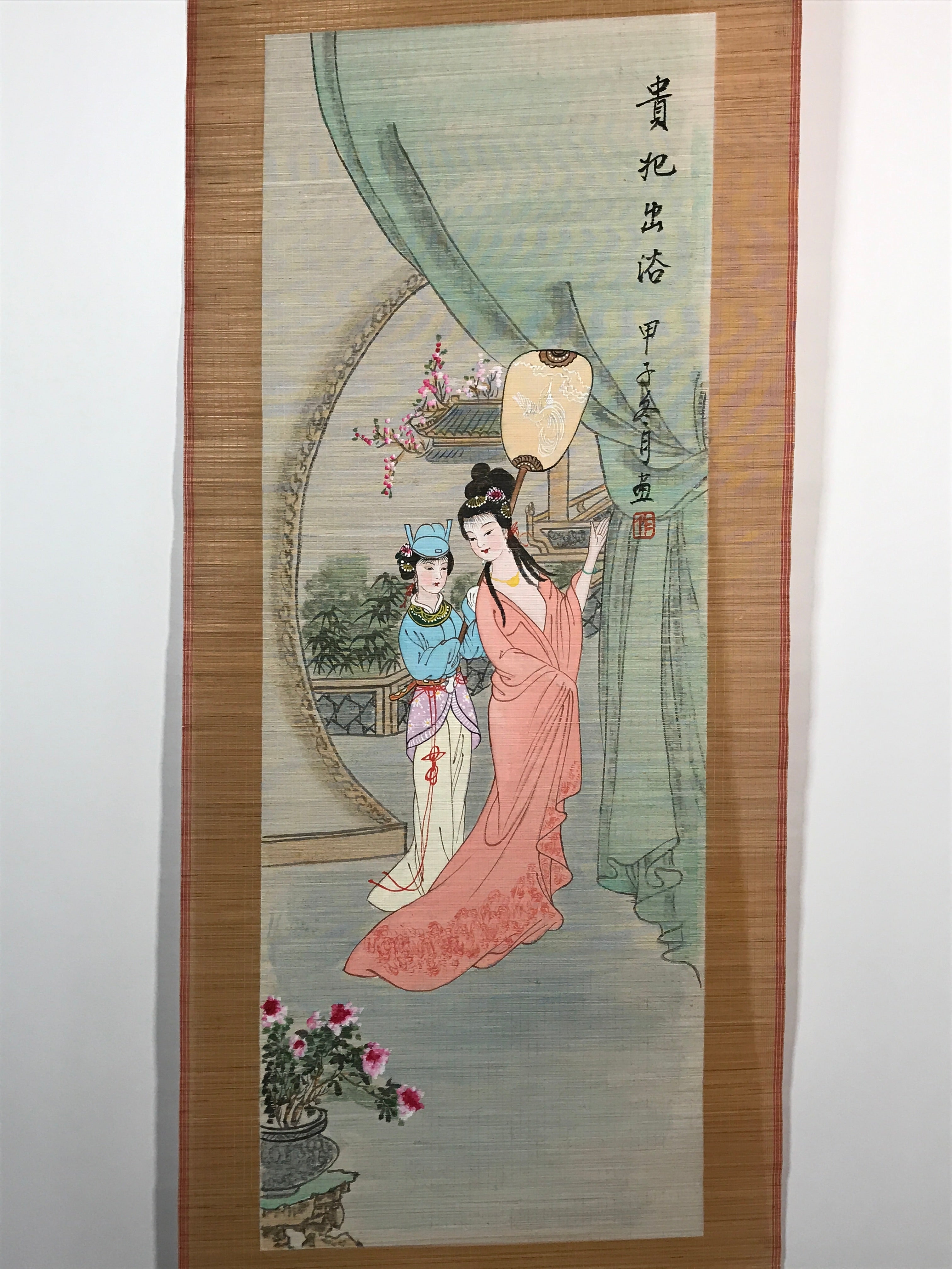 Chinese Bamboo Thread Painting Hanging Scroll Princess Kakejiku