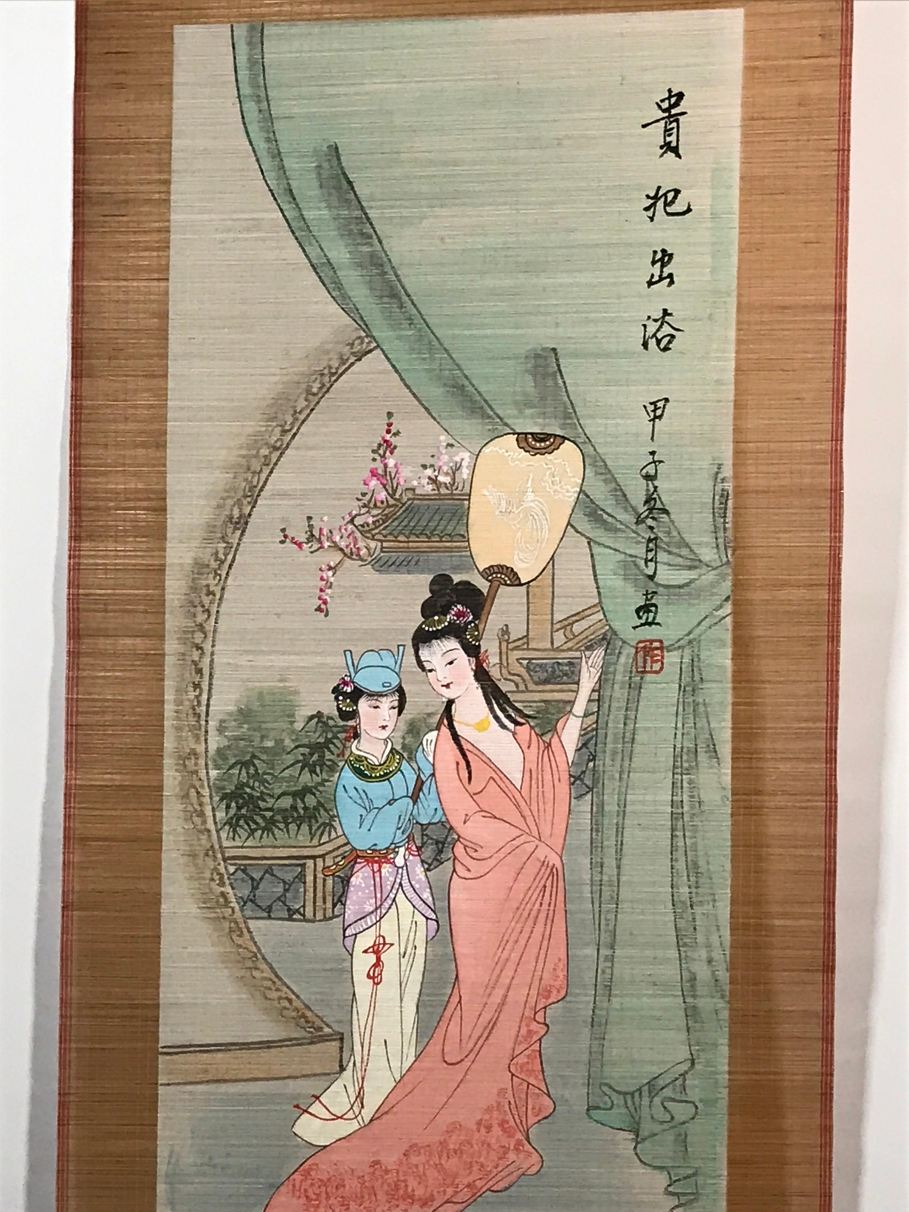 Chinese Bamboo Thread Painting Hanging Scroll Princess Kakejiku Kakemono SC760