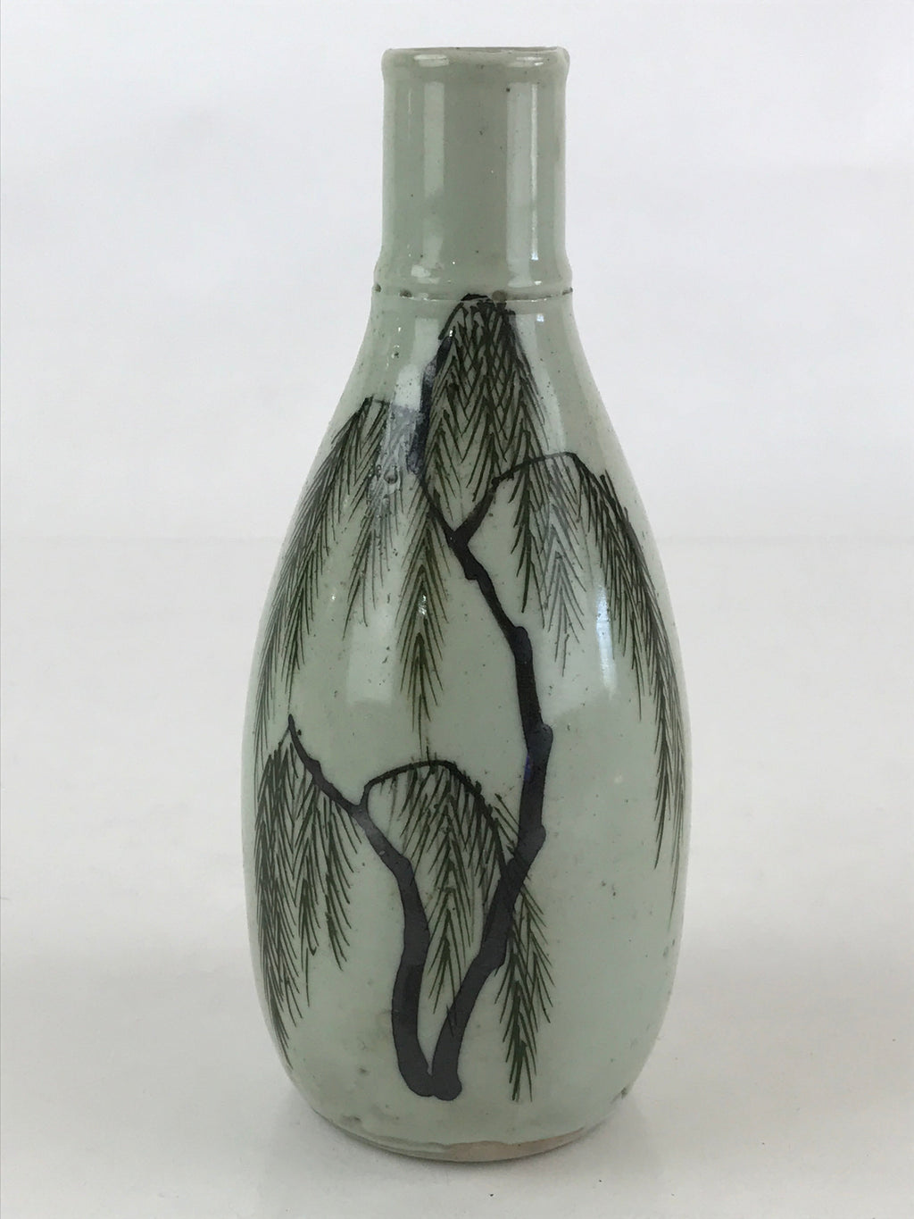 Chinese Ceramic Sake Bottle Vtg Pottery Yakimono Tokkuri Gray Willow Tree TS491