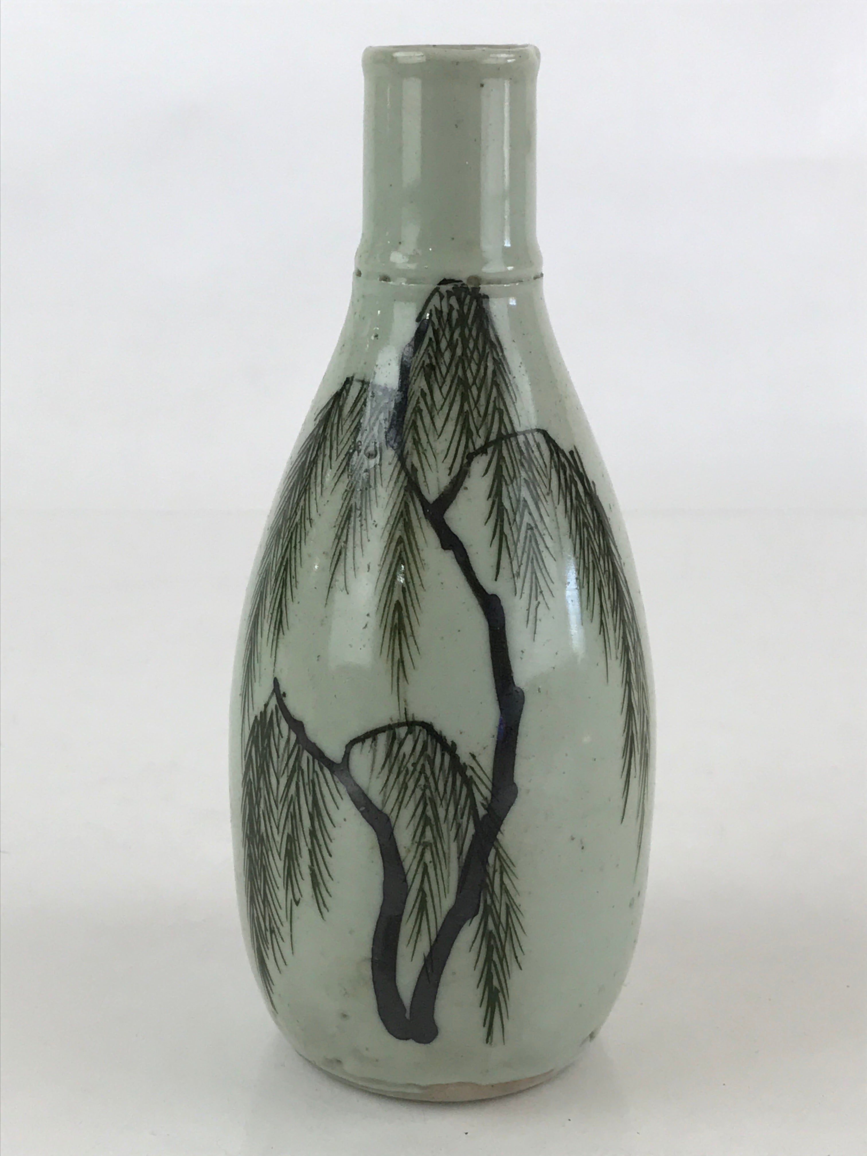 Chinese Ceramic Sake Bottle Vtg Pottery Yakimono Tokkuri Gray Willow Tree TS491