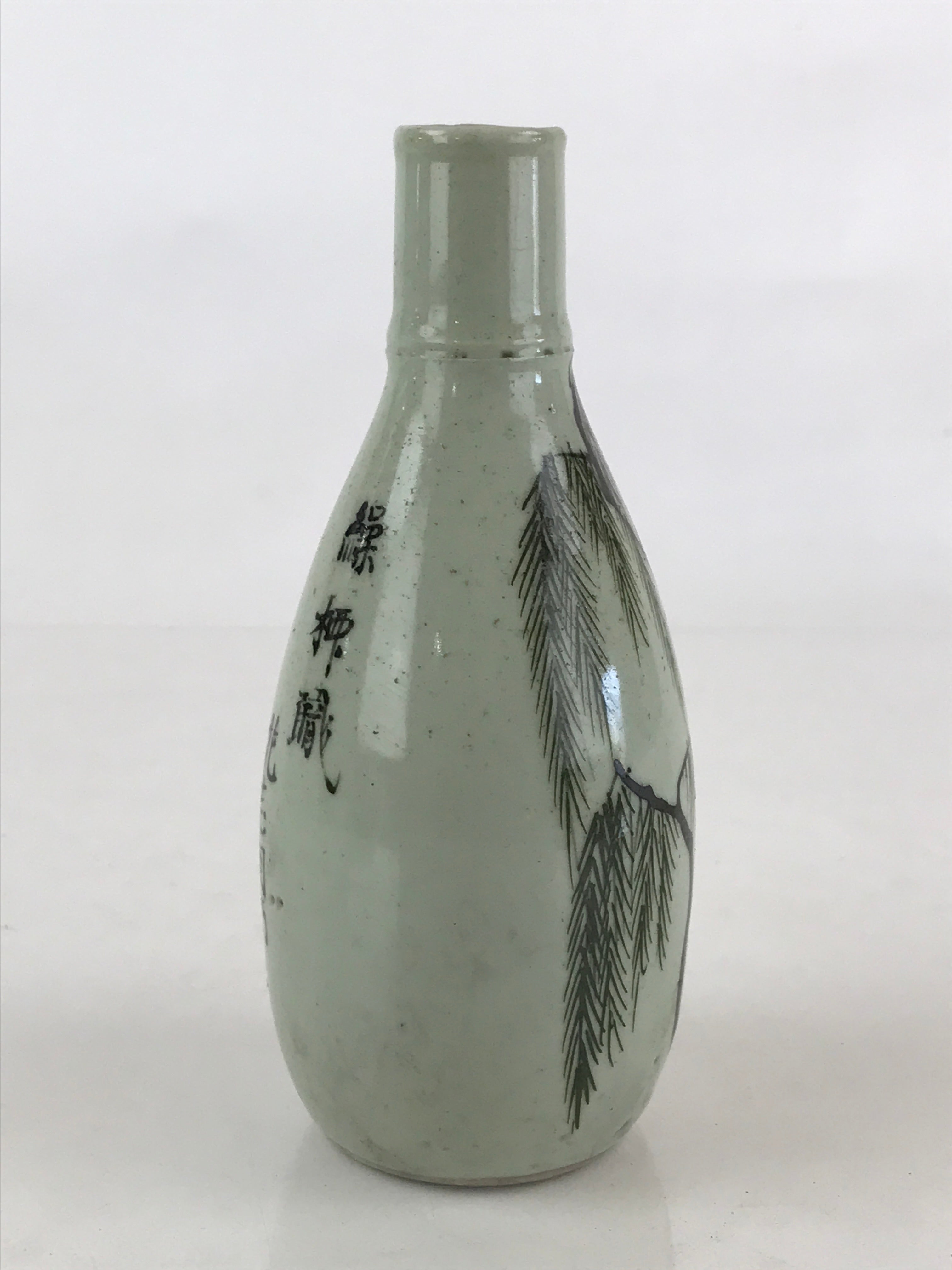 Chinese Ceramic Sake Bottle Vtg Pottery Yakimono Tokkuri Gray Willow Tree TS491