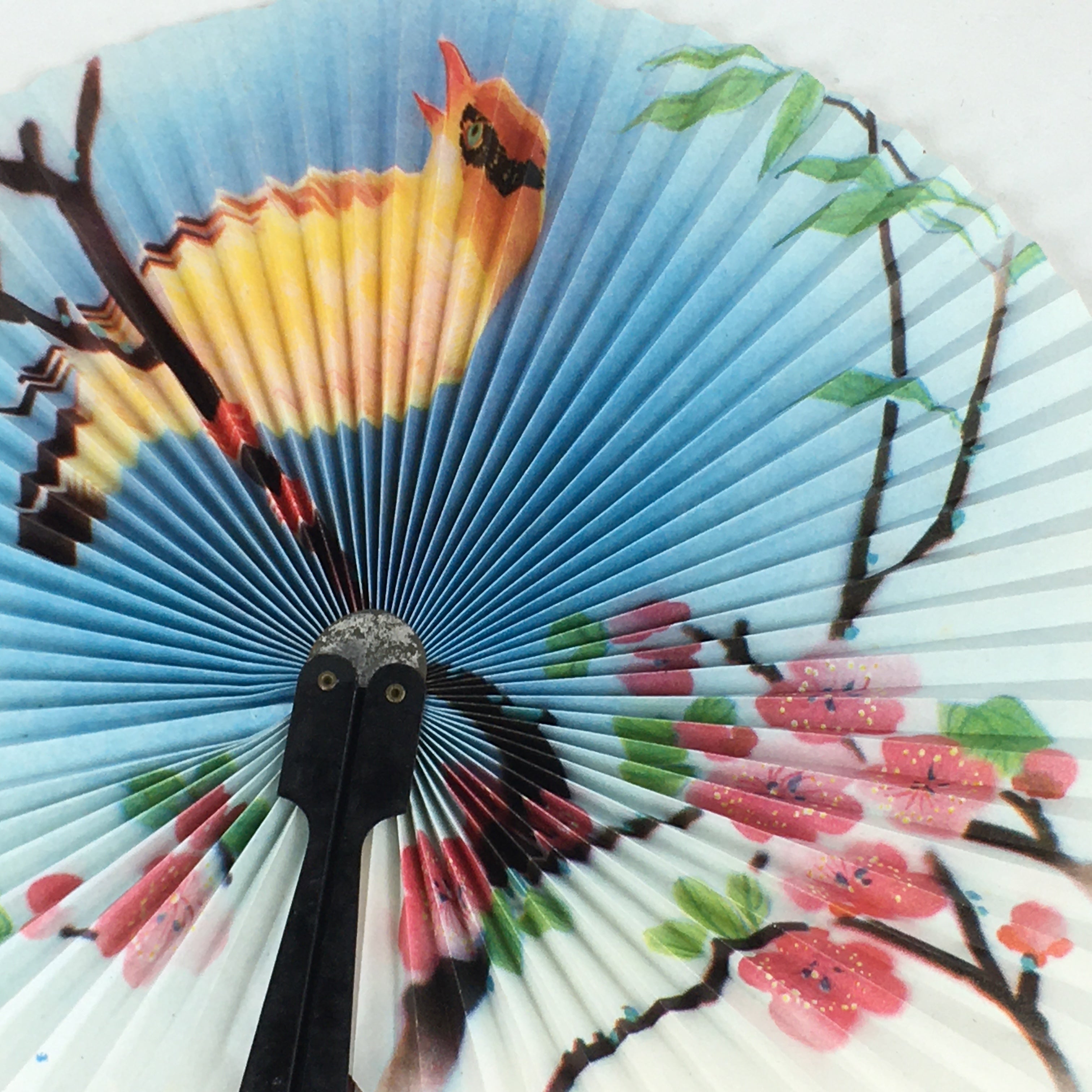 Chinese Folding Fan Vtg Sensu Black Metal Frame Paper Flower Bird 4D613