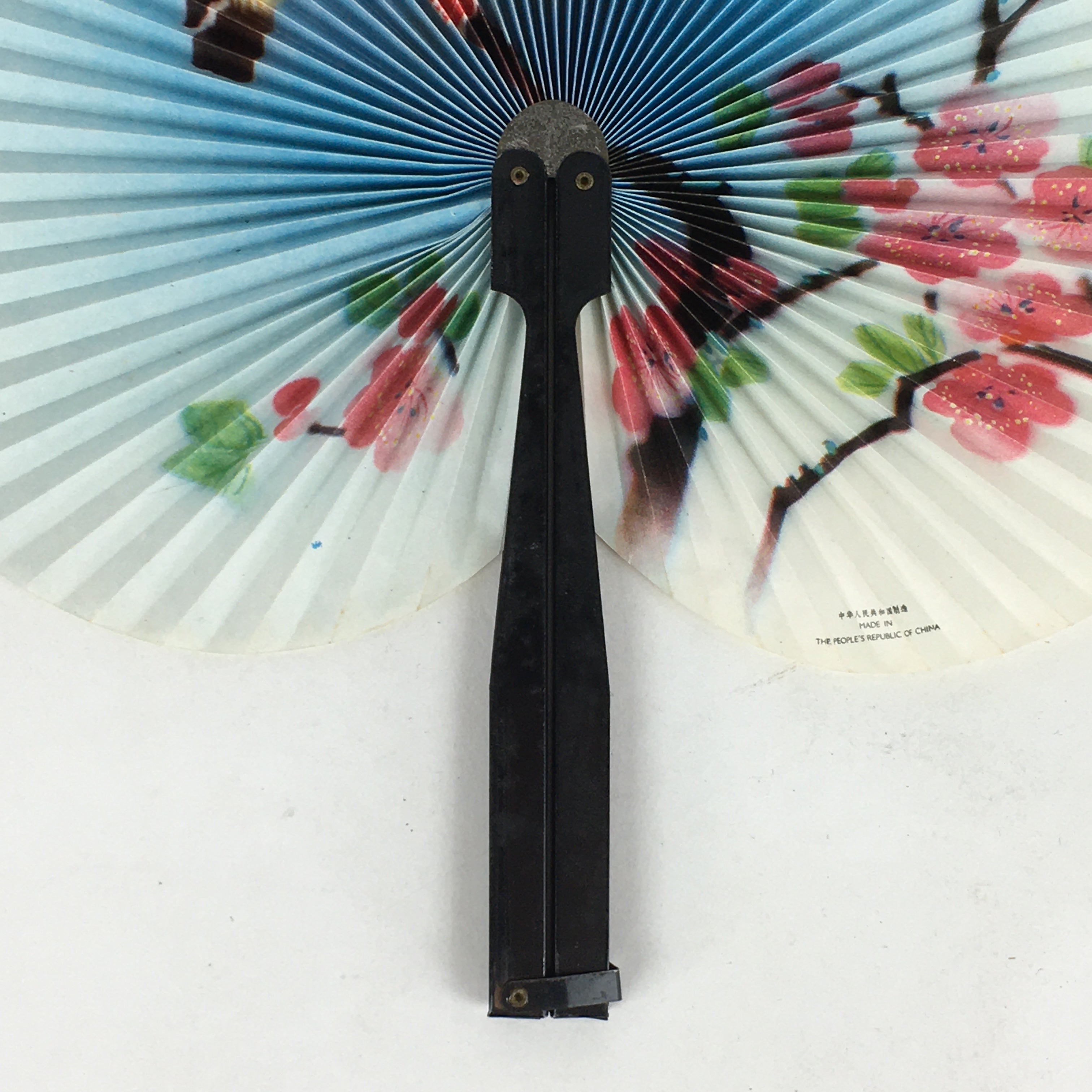 Chinese Folding Fan Vtg Sensu Black Metal Frame Paper Flower Bird 4D613