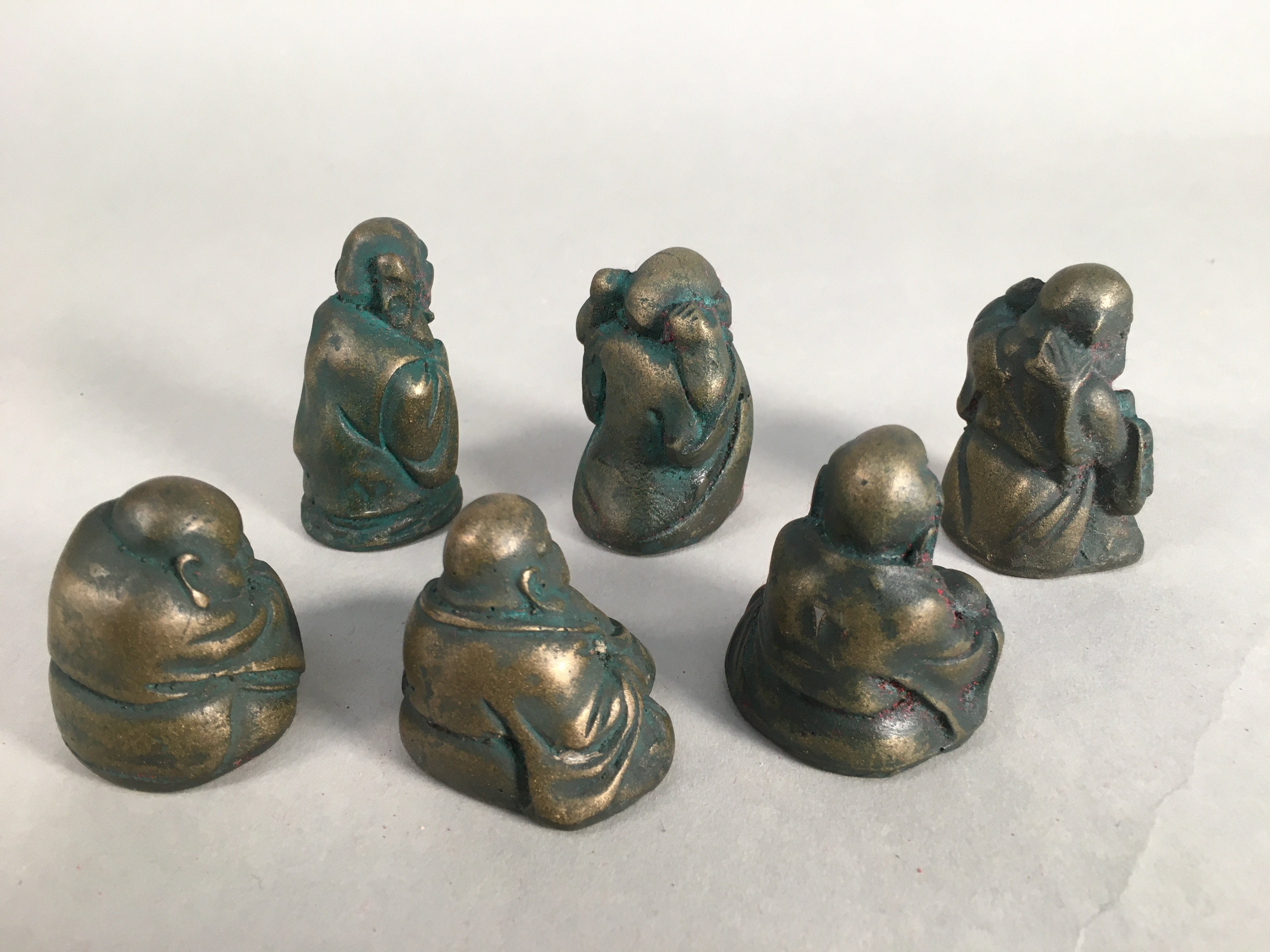 Chinese Iron Figurine 6pc Set Vtg Buddhist Monk Metal Okimono Statue BD586