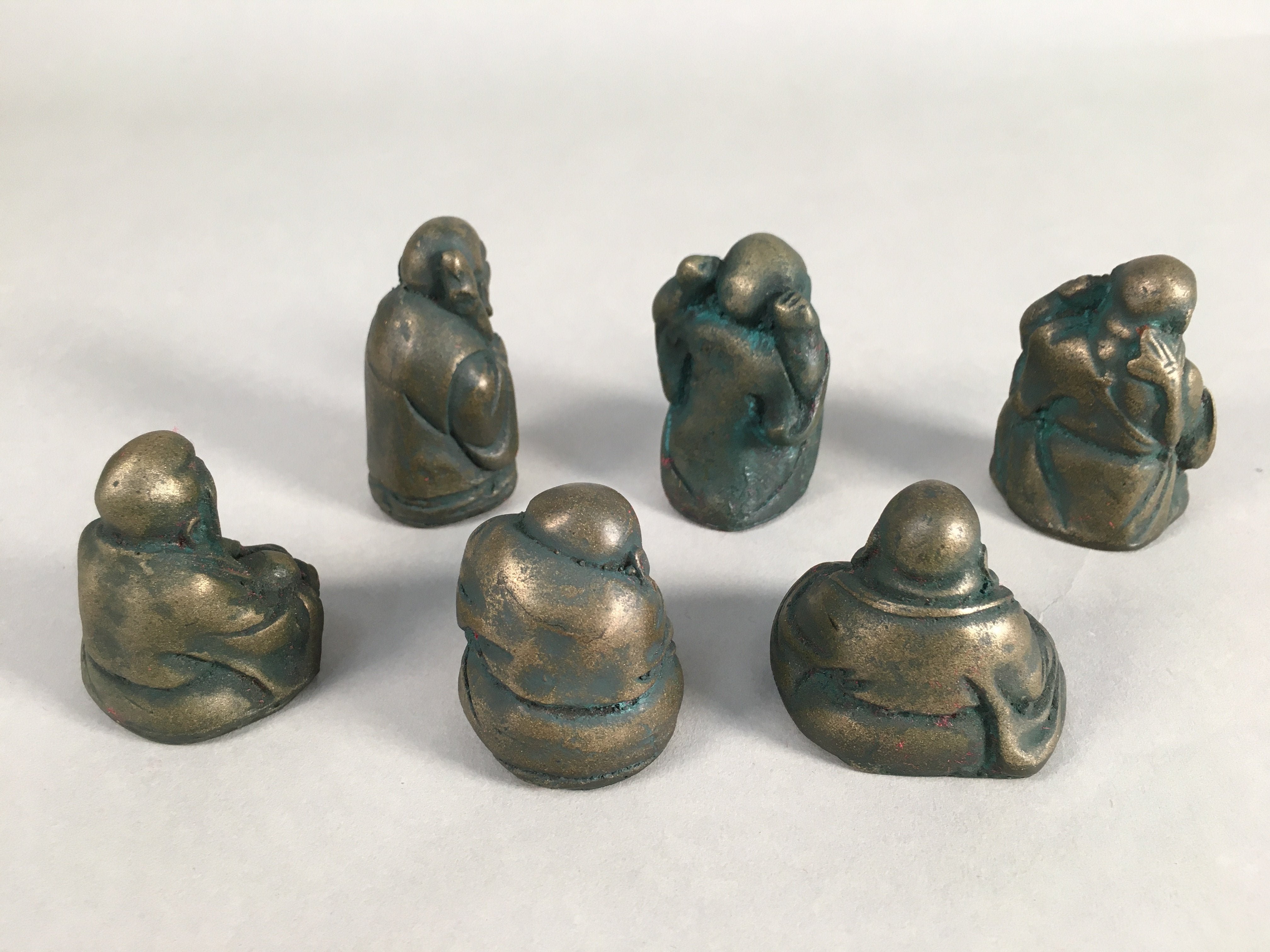 Chinese Iron Figurine 6pc Set Vtg Buddhist Monk Metal Okimono Statue BD588