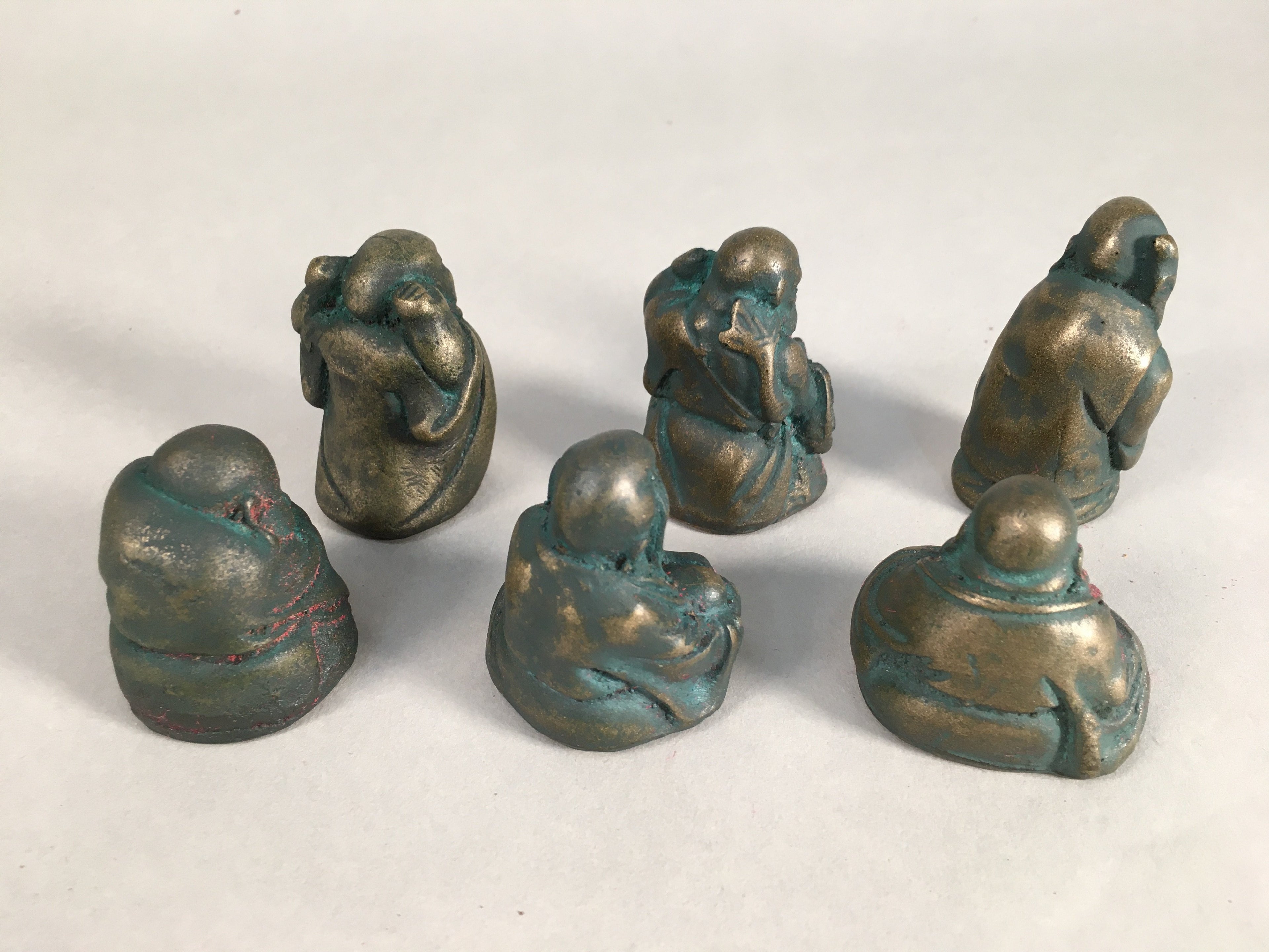 Chinese Iron Figurine 6pc Set Vtg Buddhist Monk Metal Okimono Statue BD591