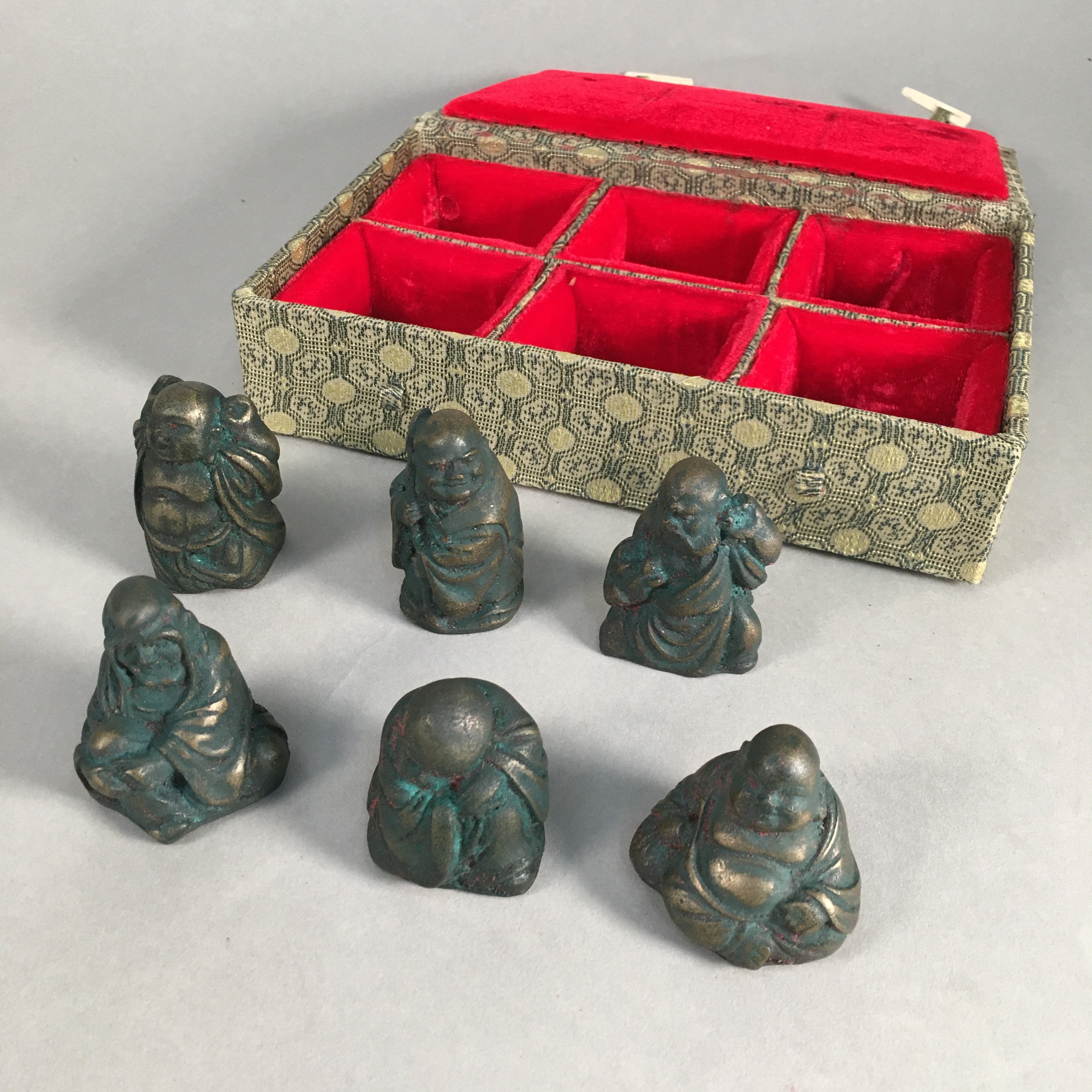 Chinese Iron Figurine 6pc Set Vtg Buddhist Monk Metal Okimono Statue BD591