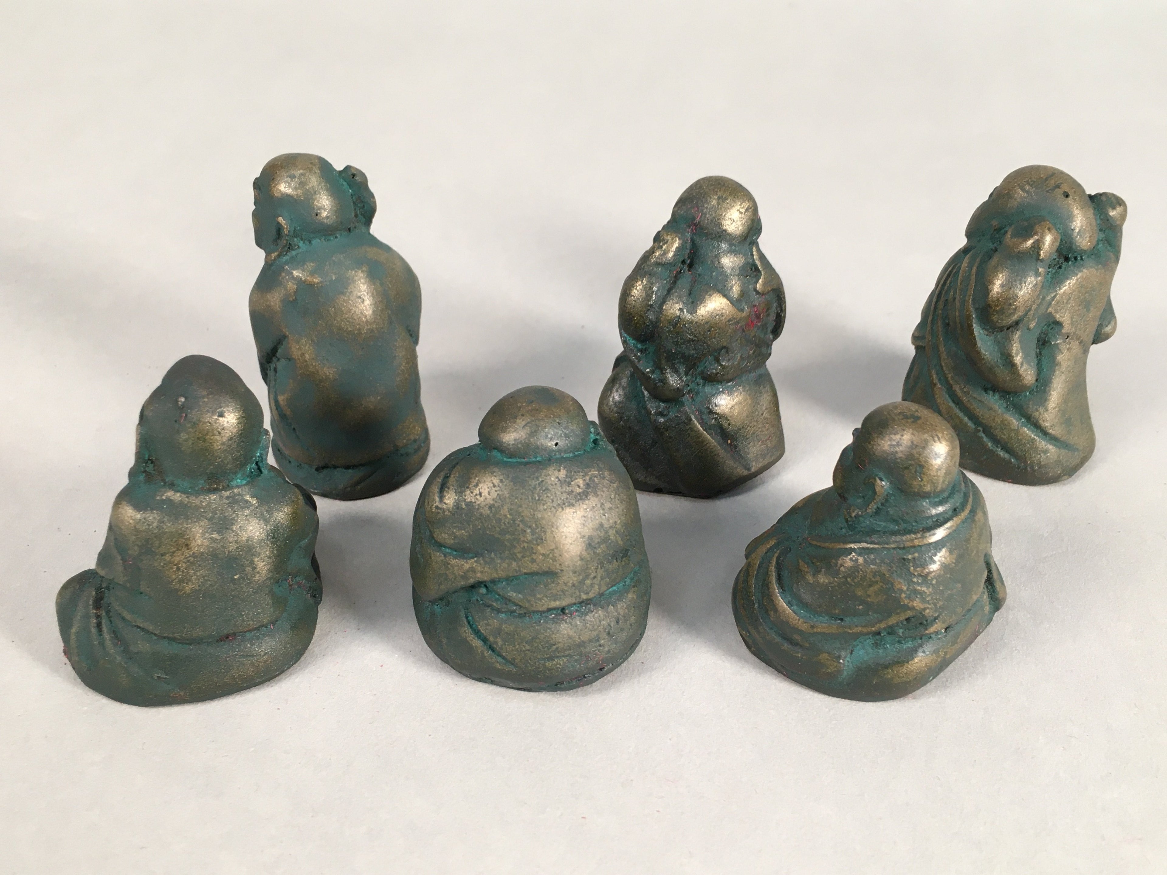 Chinese Iron Figurine 6pc Set Vtg Buddhist Monk Metal Okimono Statue BD592