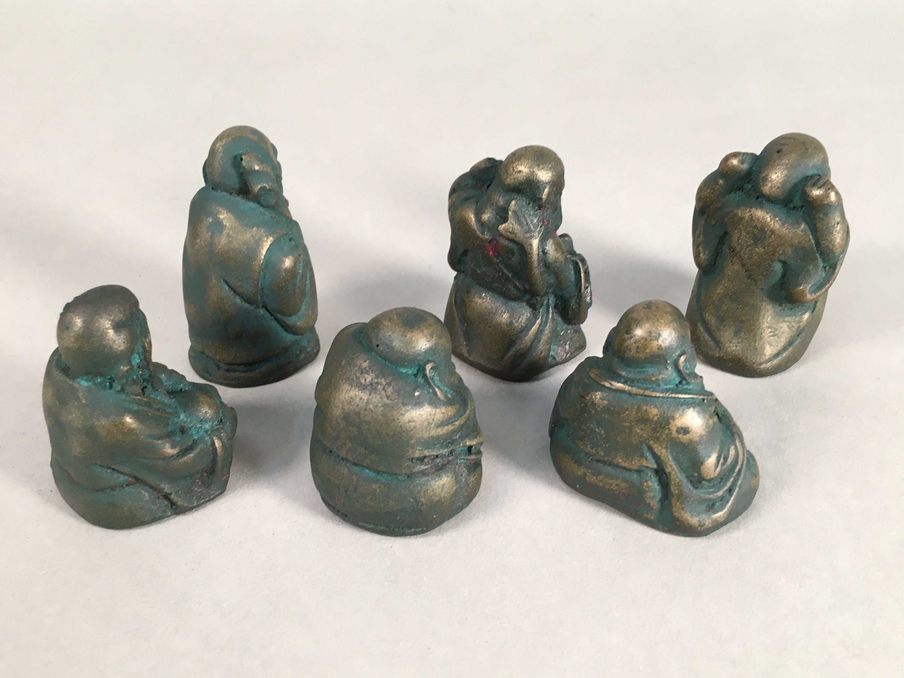 Chinese Iron Figurine 6pc Set Vtg Buddhist Monk Metal Okimono Statue BD592
